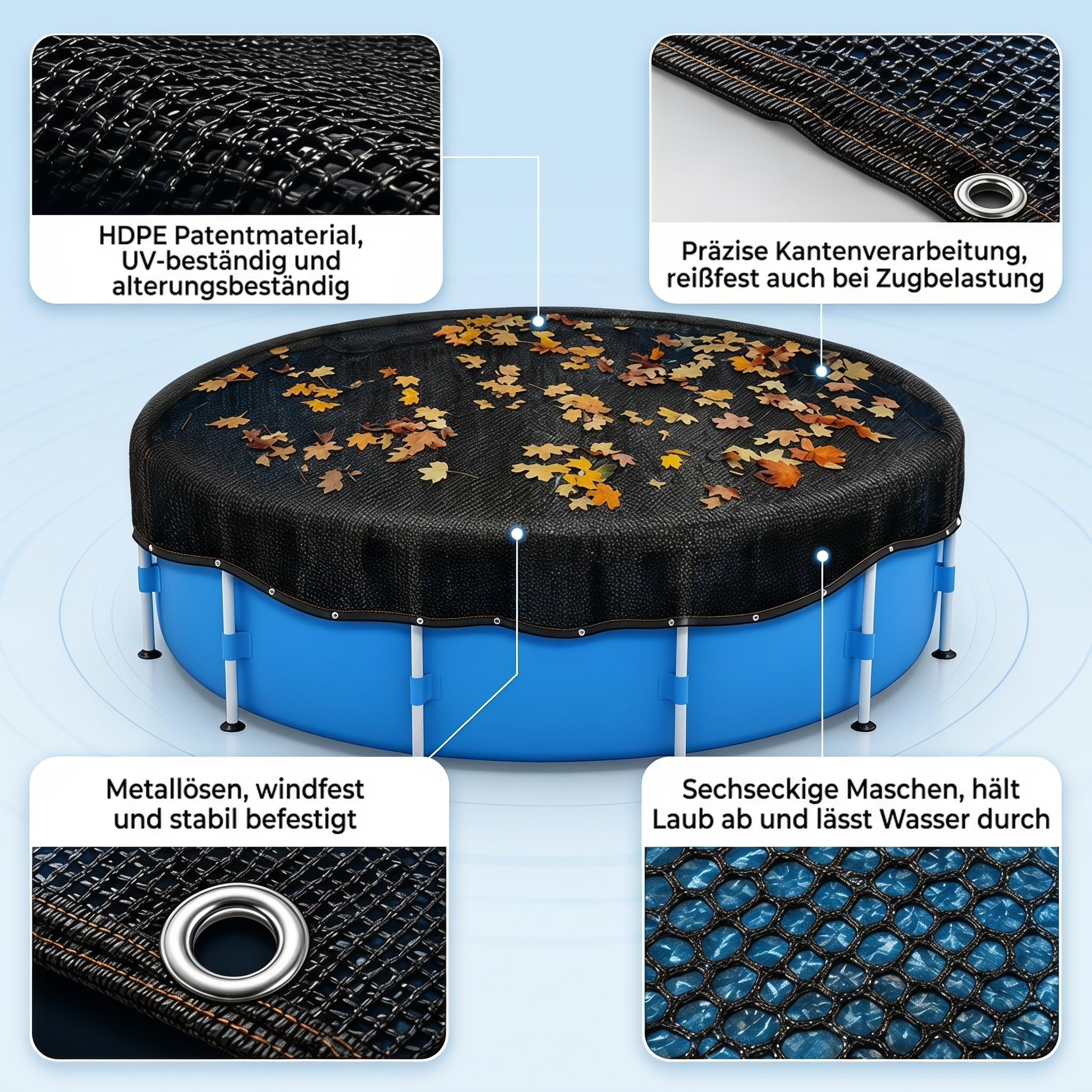 Runde Pool Laubschutznetz, 3,7m Schutznetz für Aufstellpools,Pool-Laub-Netzabdeckung, Hält Blätter & Schmutz fern,Reißfest und Verstopfungsfrei, Poolnetz Feinmaschig für Haus,Garten,Hof,Hote