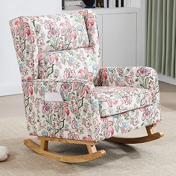 HCHAIRH Nursery Rocking Chairs, Rocking Chair Nursery for Mom Nursery Rocker with High Backrest and Solid Wood Legs, Modern Wingback Accent Chairs for Reading Living Room Bedroom, Pink Floral