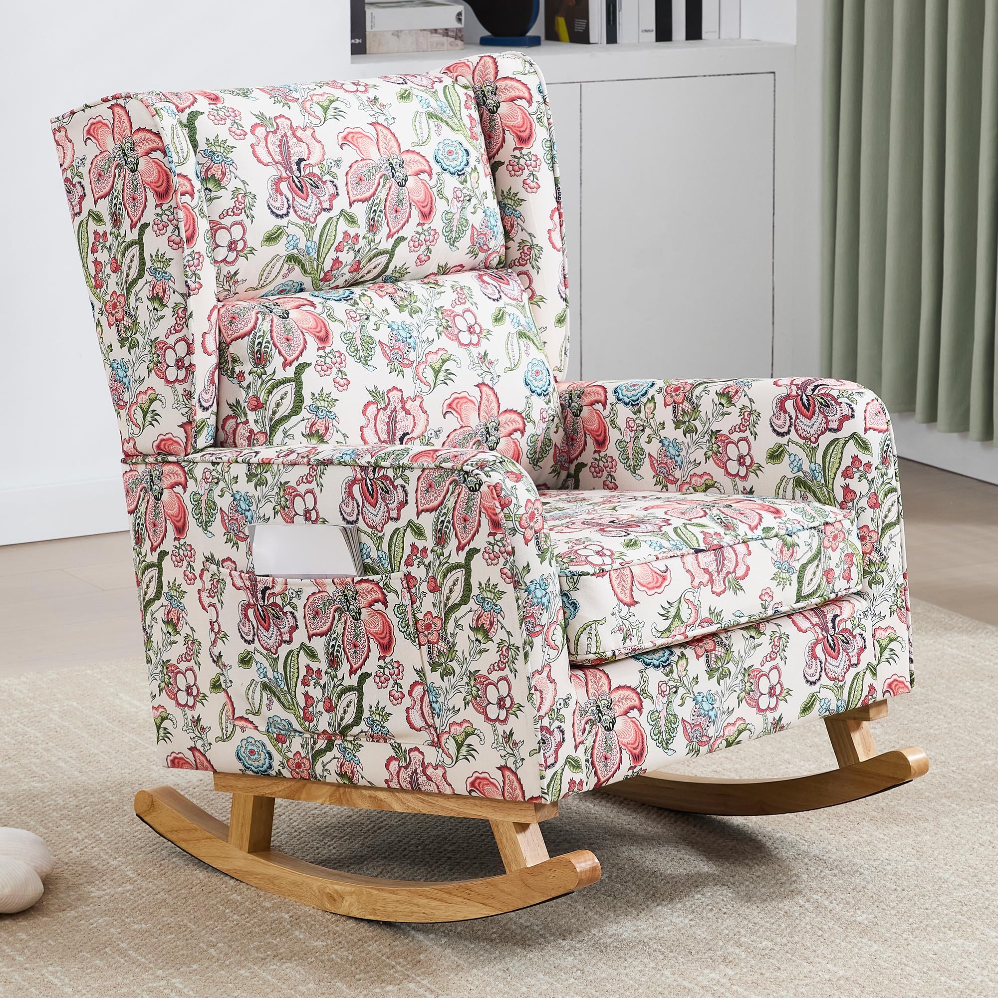 HCHAIRH Nursery Rocking Chairs, Rocking Chair Nursery for Mom Nursery Rocker with High Backrest and Solid Wood Legs, Modern Wingback Accent Chairs for Reading Living Room Bedroom, Pink Floral