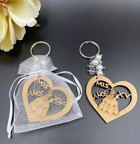 Miniatura 3 de 12pcs Sweet 15 Wood Design Llavero Quinceañera Recuerdos Mis Membrillo Anos Favores para Niña con Bolsas de Organza