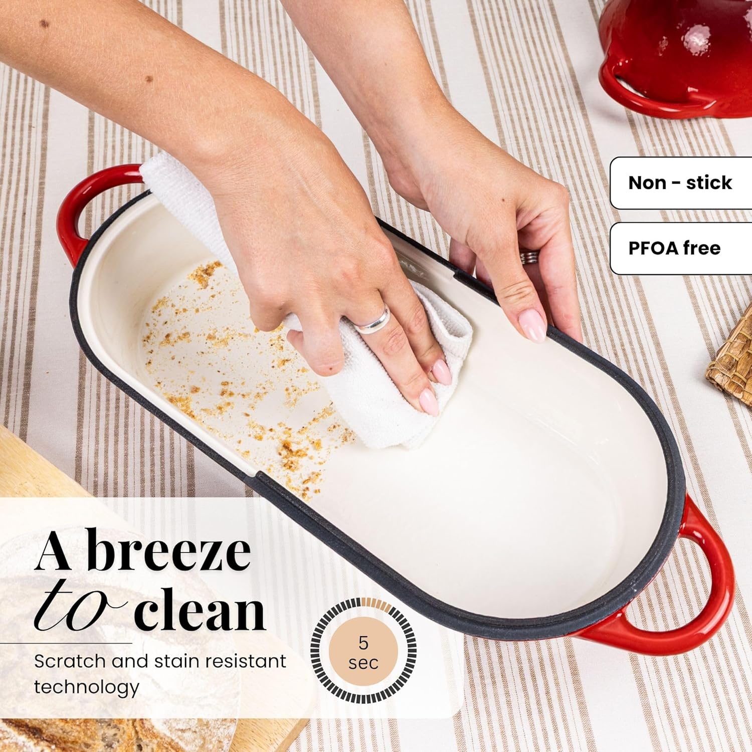 Enamelled Cast Iron Bread Loaf Pot – Dutch Oven For Sourdough Bread Baking – Oven Safe Non Stick Bread Pot – Rectangular, Red, 34cm x 16cm – by Nuovva - Image 4