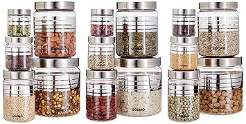 Amazon Brand - Solimo Plastic Storage Containers With Metal Finish Lids- 15 pieces, Silver