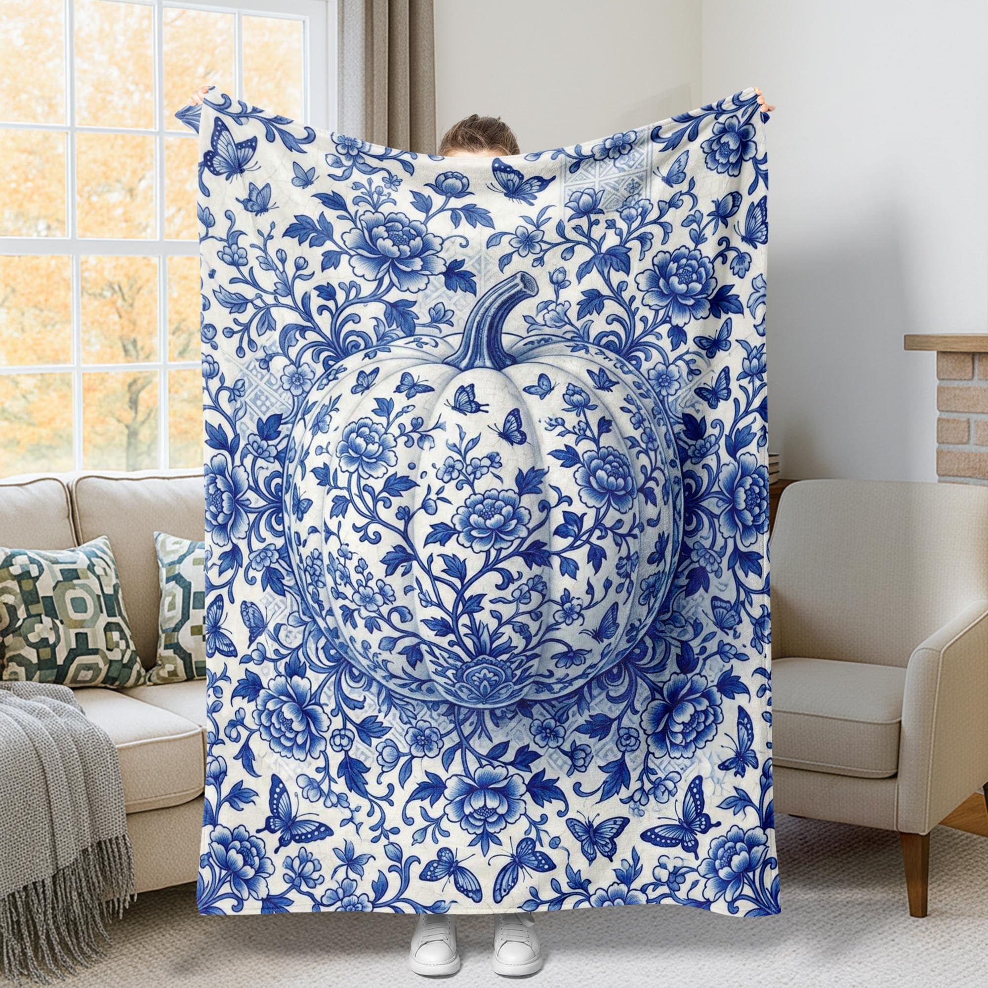Jeté de lit bleu en polaire 127x152 cm à motif automnal