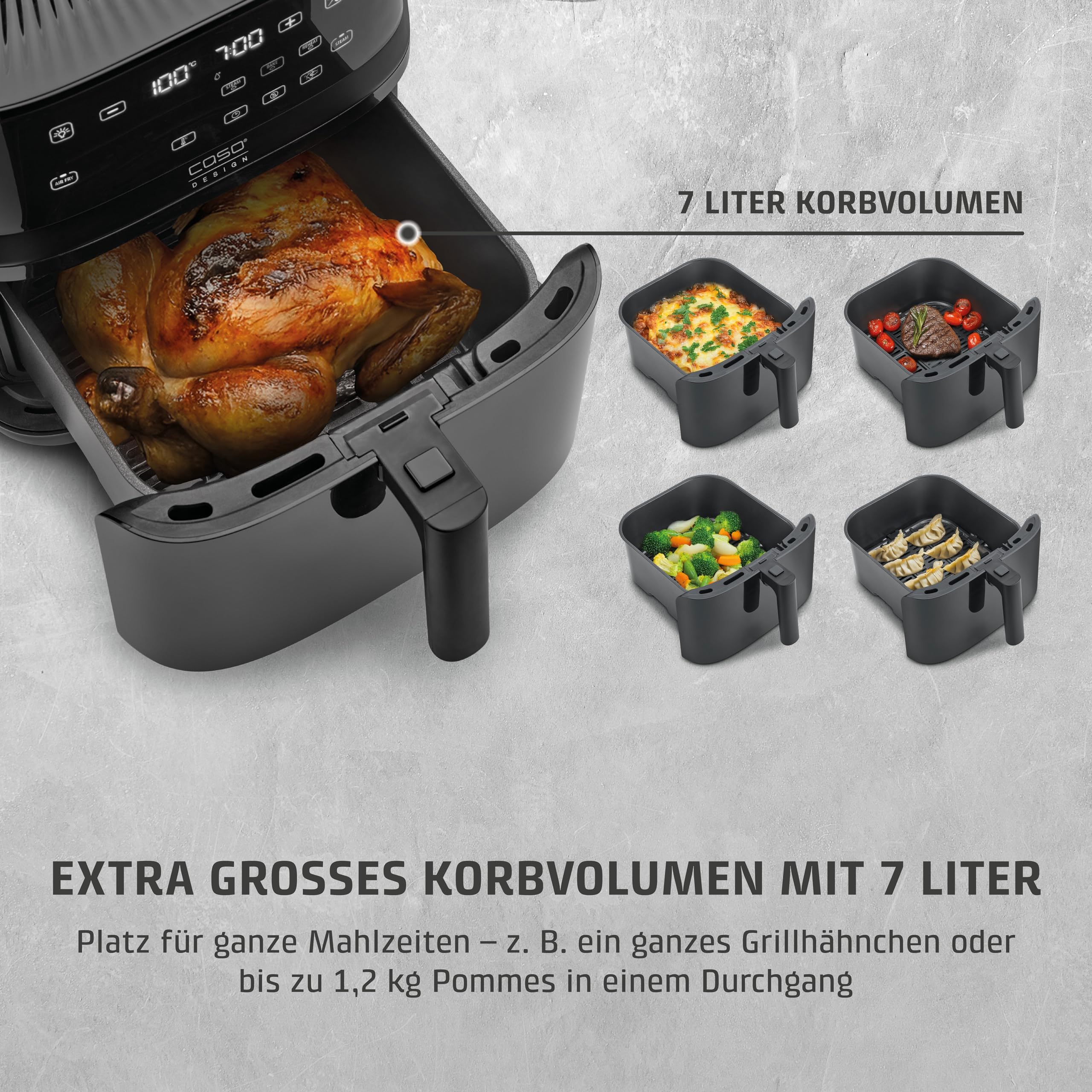 CASO AirFry & Steam 700 - Heißluftfritteuse und Dampfgarer - Testurteil: Sehr Gut, extra großes Korbvolumen 7 Liter, Dampfgarer & Airfryer, Fritteuse ohne Öl/Fett
