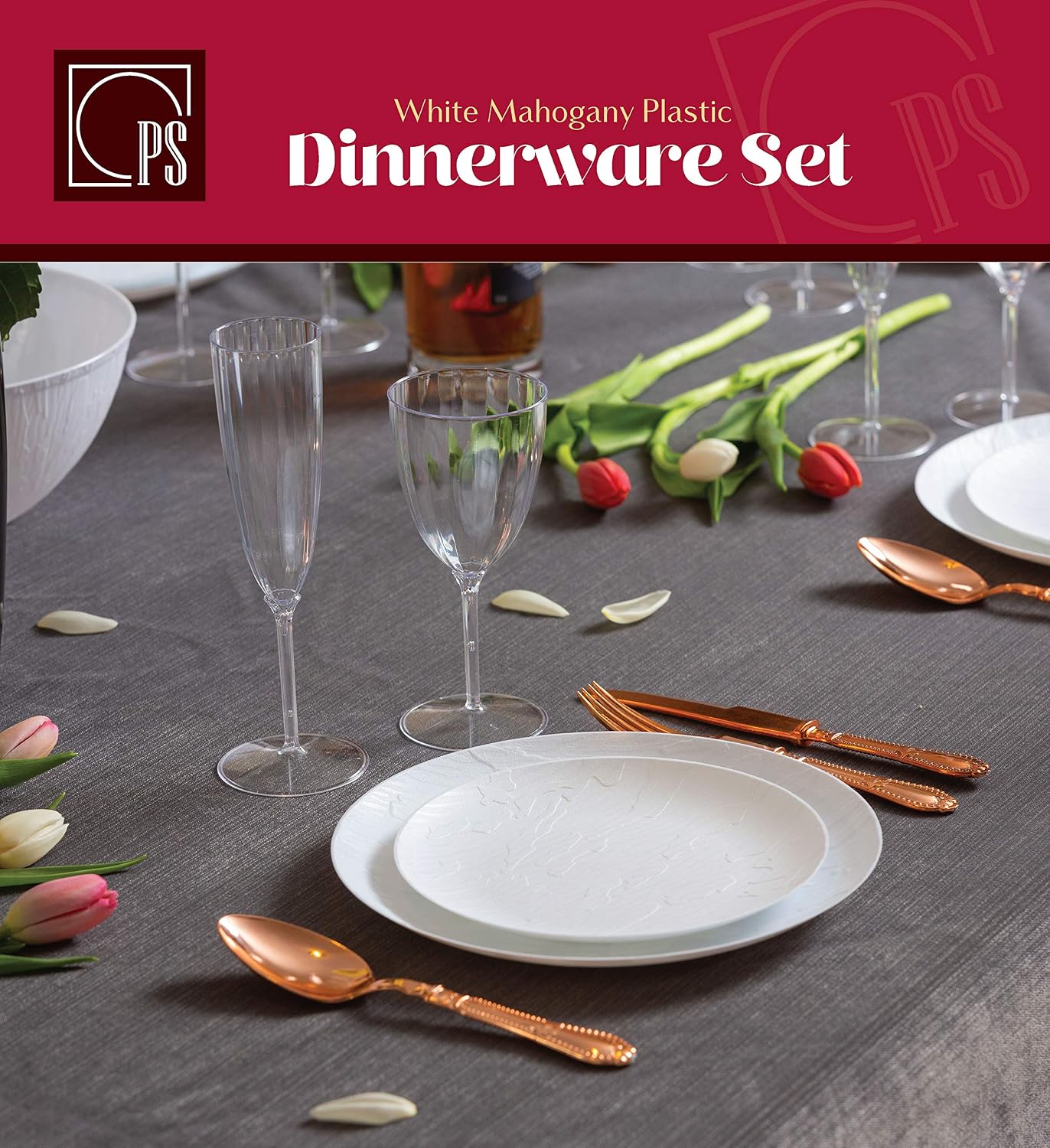 Posh Setting White Plastic Plates Disposable Plastic Wood Pattern Dinnerware (Includes 20 Dinner Plates and 20 Salad Plates) Elegant Disposable Dinnerware Set