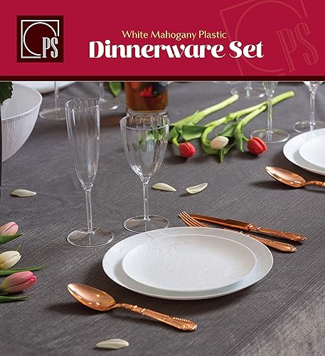 Miniatura 6 de Posh Setting - Colección Sphere - paquete de platos de plástico de aspecto de porcelana china color doradoblanco, incluye 20 platos de cena de 10.25