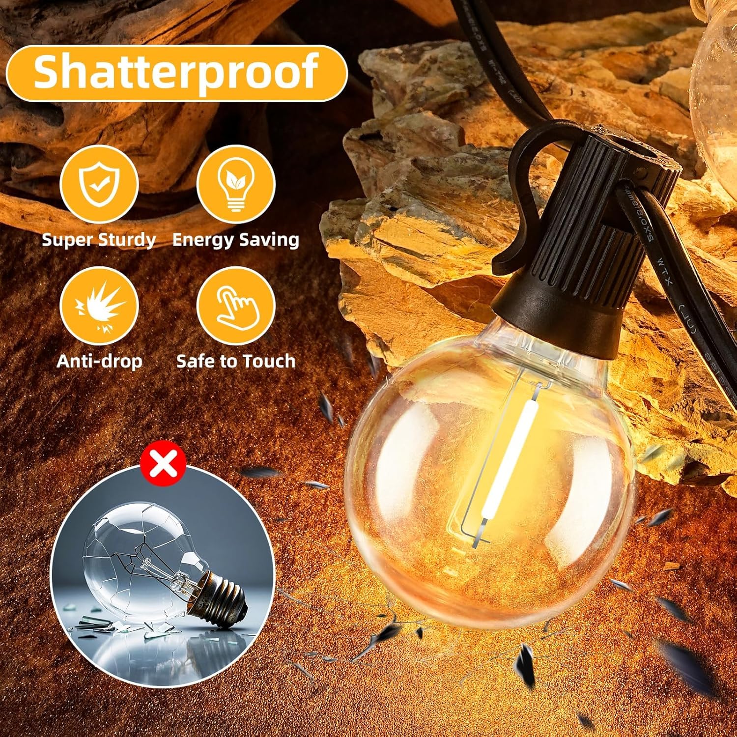 100FT G40 LED Outdoor String Lights with 50 Shatterproof Bulbs + 2 Spares, E12 Socket, 2700K Warm White, Weatherproof Black Cable, for Patio, Backyard, Wedding, Party, Porch, Deck, Gazebo, Camping