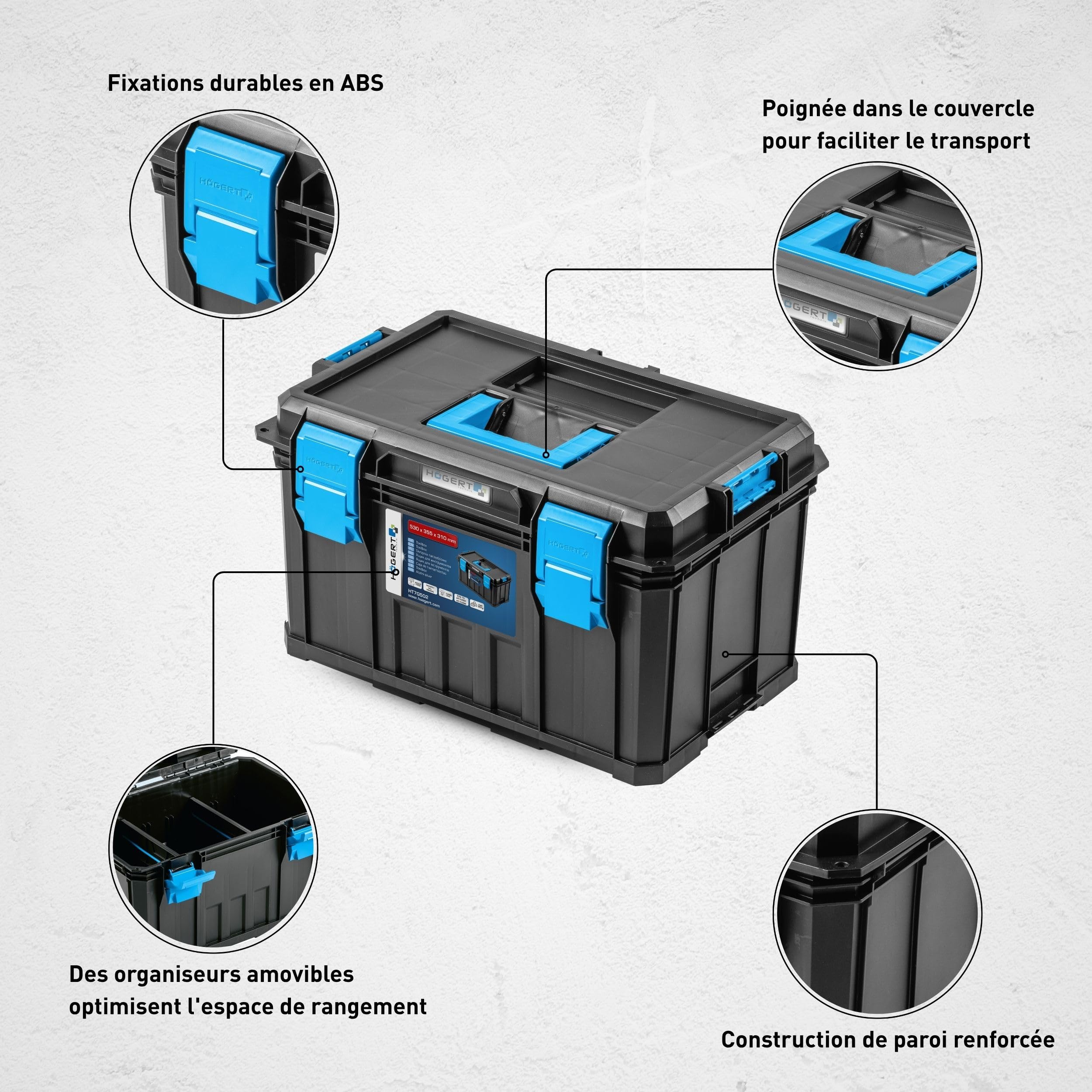 Högert Technik - Boite à Outils HT7G502, Outils Bricolage, Boîte à Outils avec une Capacité de Charge jusqu'à 50 kg, Trousse a Outils, Fermetures Robustes en ABS, Construction Modulaire