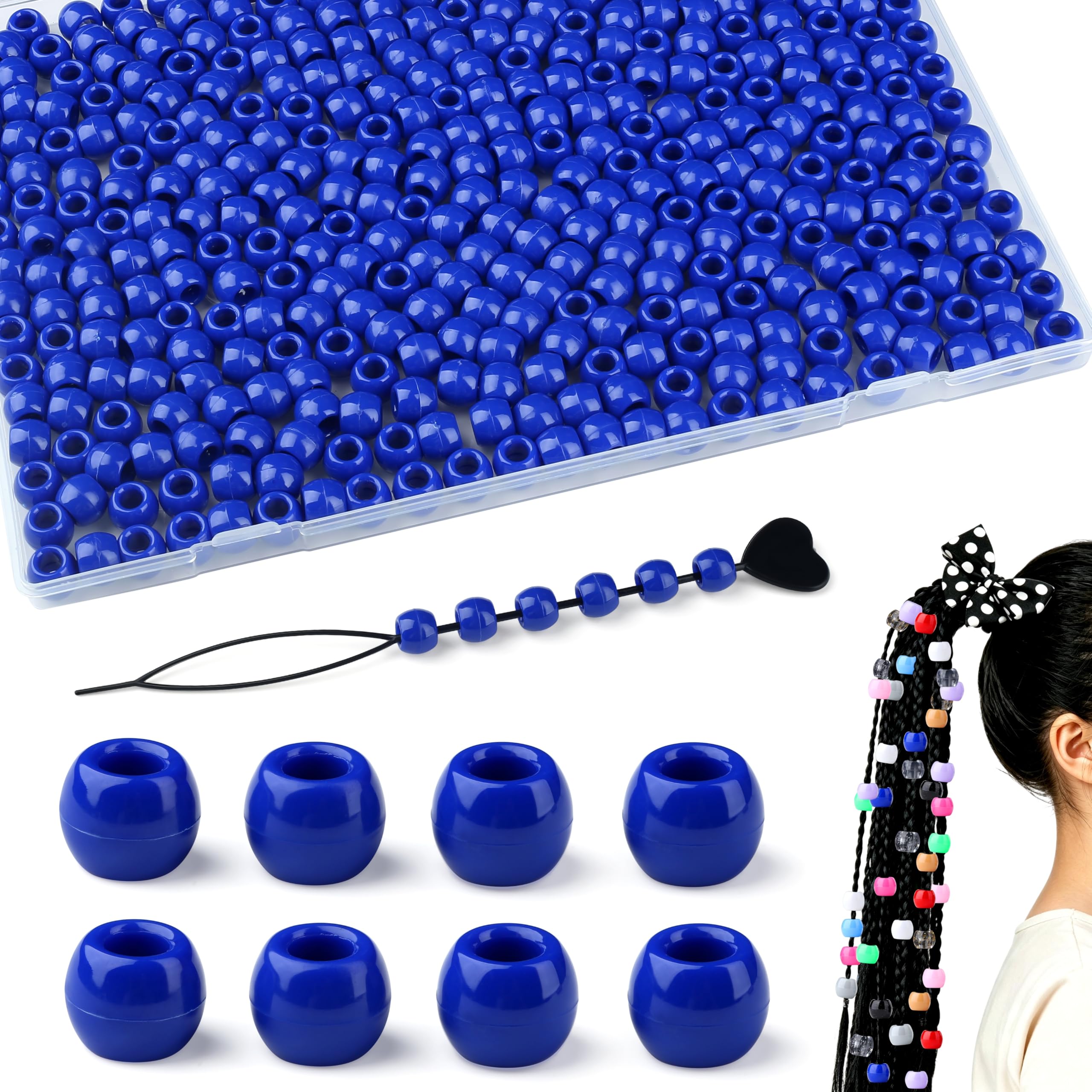 Sahoottie 12mm Royal Blue Hair Beads for Braids,380Pcs Large Hole Plait Beads with Storage Box,Braiding Beads for Women,Ponytails,Dreadlocks,Hair Styling,Royal Blue Pony Beads for Bracelets Making
