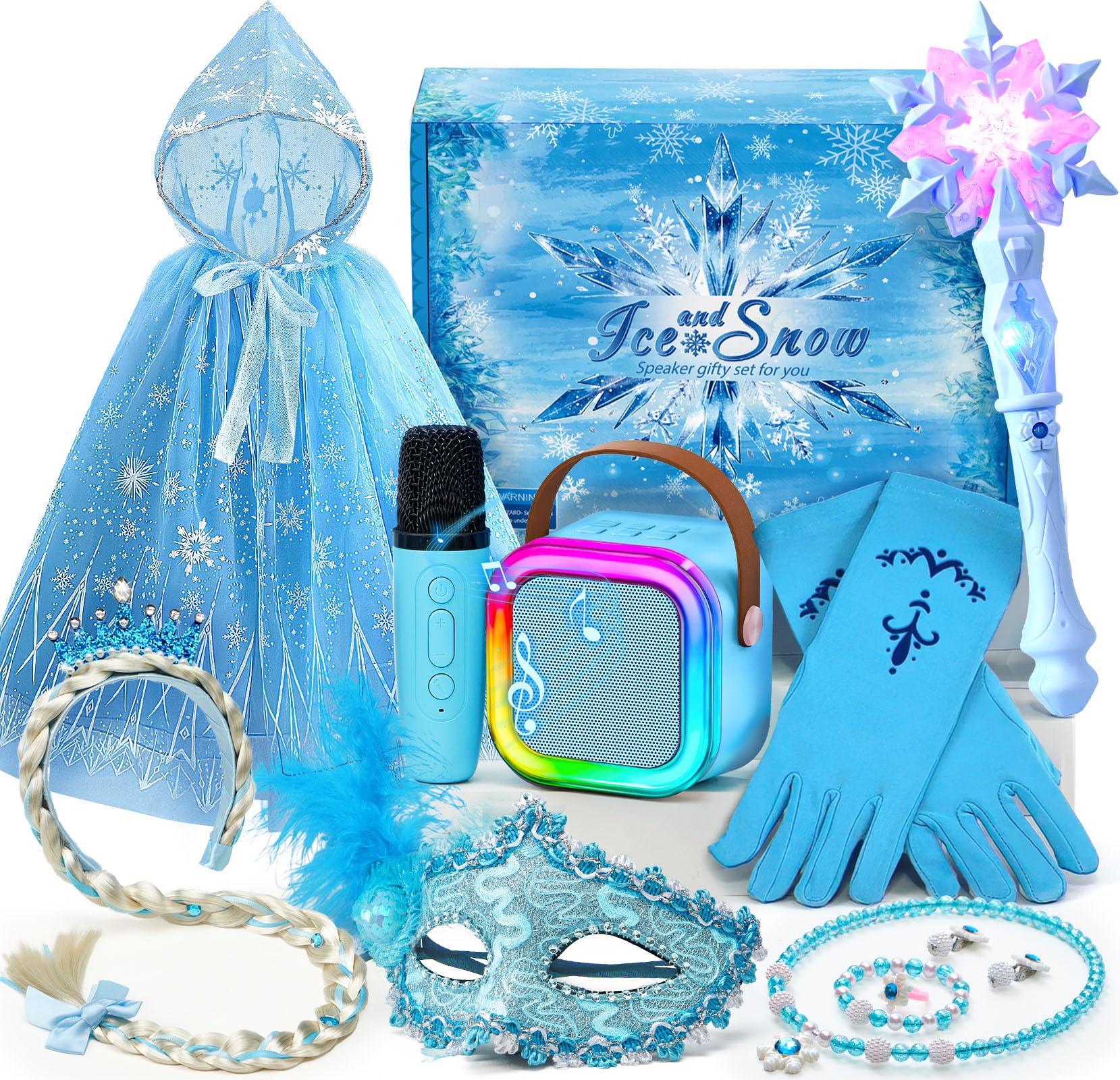 G.C Reine des Neiges Jouet Cadeau Fille 4 5 6 7 8 Ans, LED Micro Karaoke Enfants avec & Micro & Déguisement Accessoires & Baguette Magique, Cadeau pour Enfant Fille