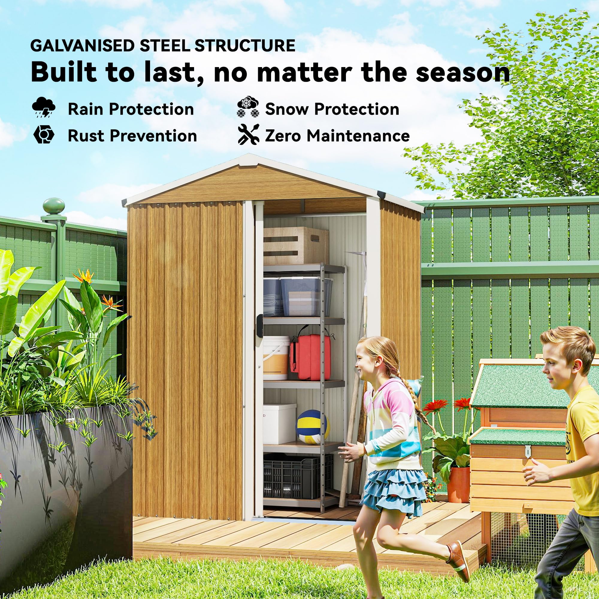 Outsunny 4.5 x 3ft Outdoor Storage Shed, Waterproof Metal Garden Shed with Gloves, Lockable Sliding Door and Pitched Roof for Backyard, Patio, Lawn, Poolside, Wood Grain - 3