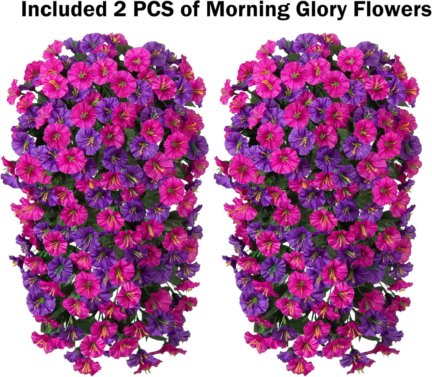 Fake Hanging Flowers for Outdoor Decor, 2 PCS Artificial Silk Morning Glory Vines Stems UV Resistant for Wall Home Porch Patio Party Wedding Decor (Dark Purple and Fuchsia)