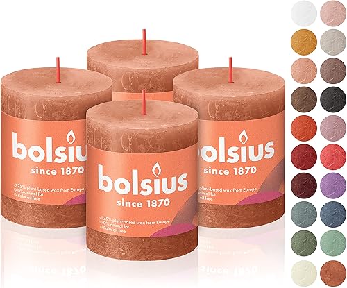 BOLSIUS Paquete de 4 velas rústicas de color rosa oxidado, 2.75 x 3.25 pulgadas, calidad europea premium, incluye cera natural a base de plantas,