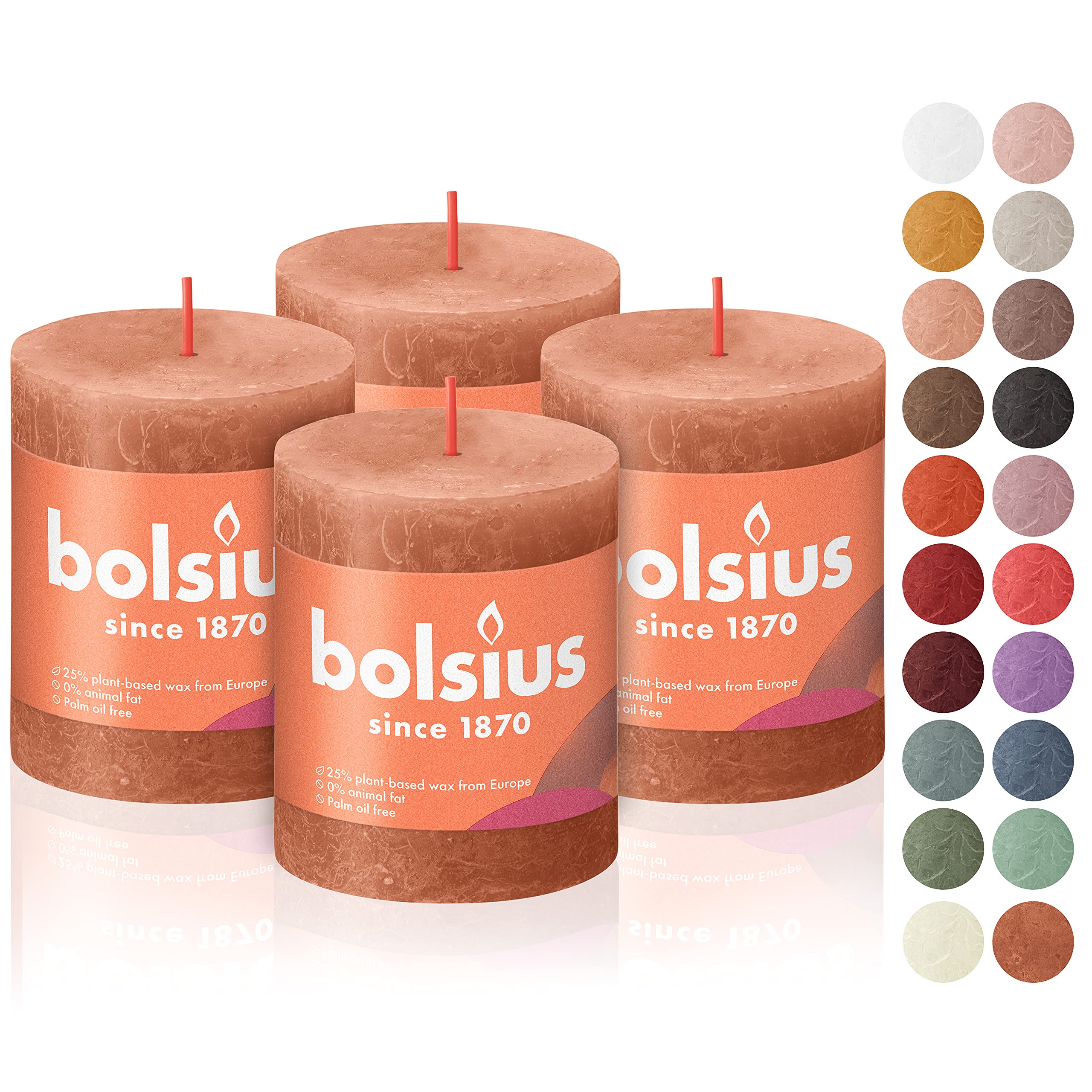 bolsius 4 pack rusty pink rustic pillar candles - 2.75 x 3.25 inches - premium european quality - includes natural plant-based wax - unscented dripless smokeless 35 hour party décor candles