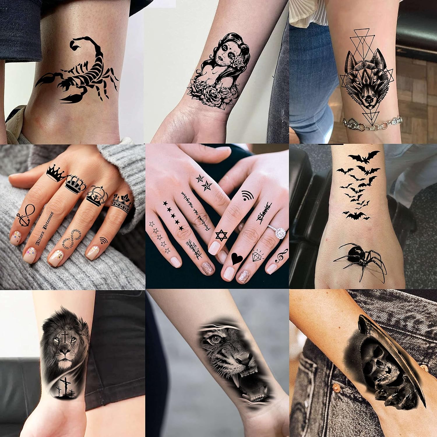Rejaski 60 Sheets Ferocious Lion Tiger Temporary Tattoos For Men Women Arm Neck, Scary Devil Skull Skeleton Fake Tattoos For Adult Teens Halloween, Black 3D Wolf Dragon Realistic Tatoo Sticker Forearm