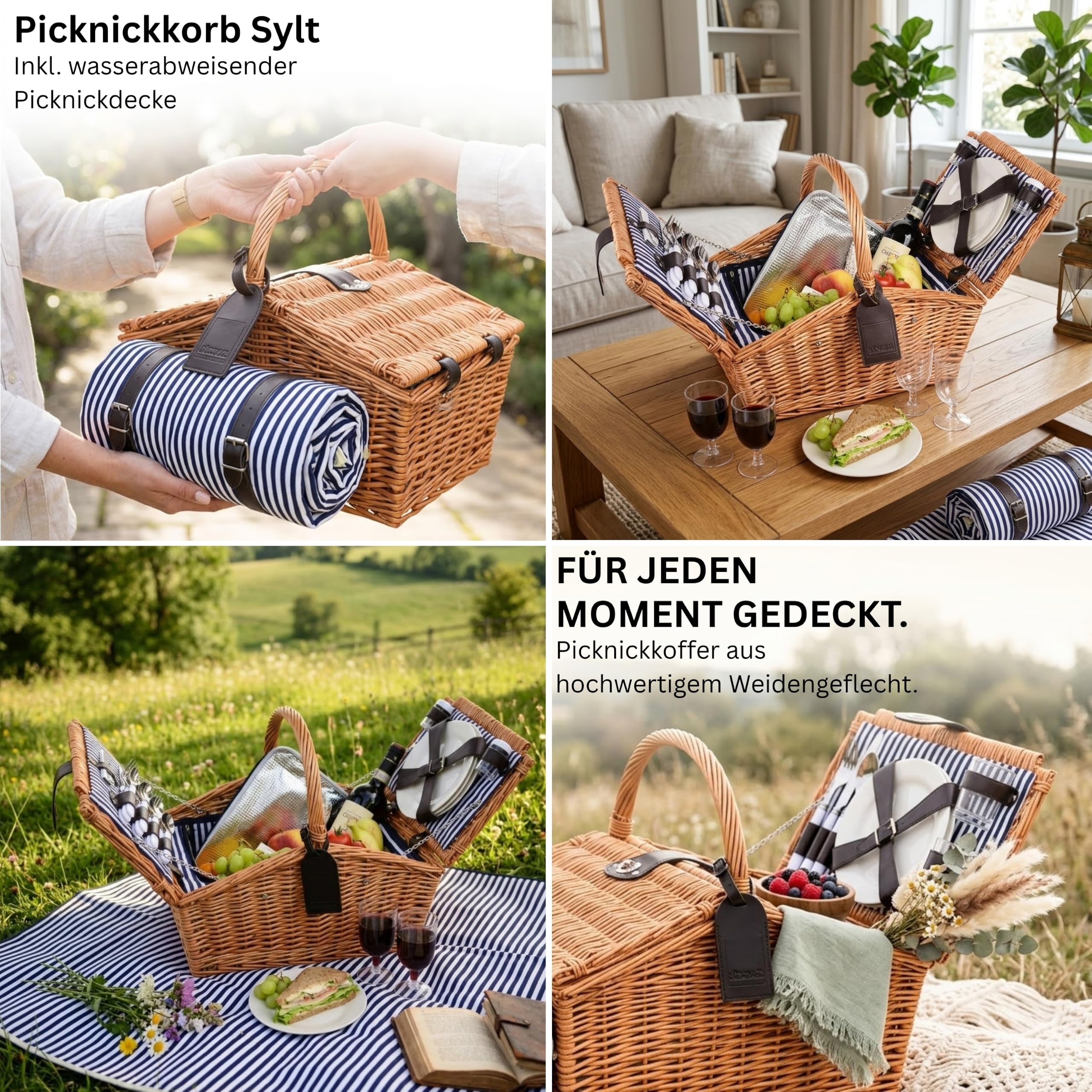 Sänger | Picknickkorb Sylt, 24-teiliges Komplettset für 4 Personen, Picknickkorb Groß, Picknick Decke & Geschirr