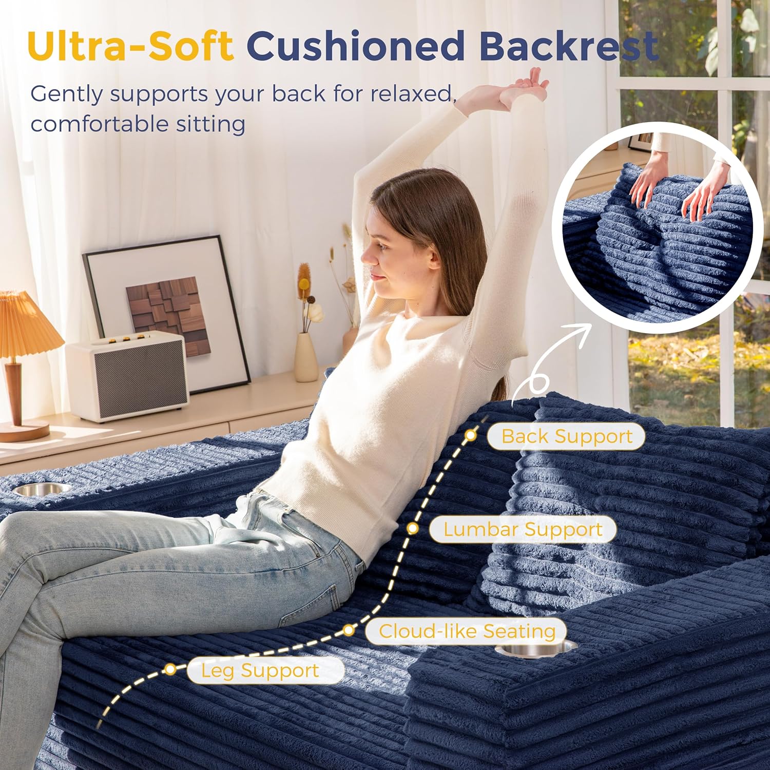 MAXYOYO 63" Boneless Loveseat Sofa Couch for Small Spaces, Mini Love Seat Floor Couch with Cup Holders and Pillows, 2-Seater Upholstered Cloud Couch for Bedroom Apartment, No Assembly Required