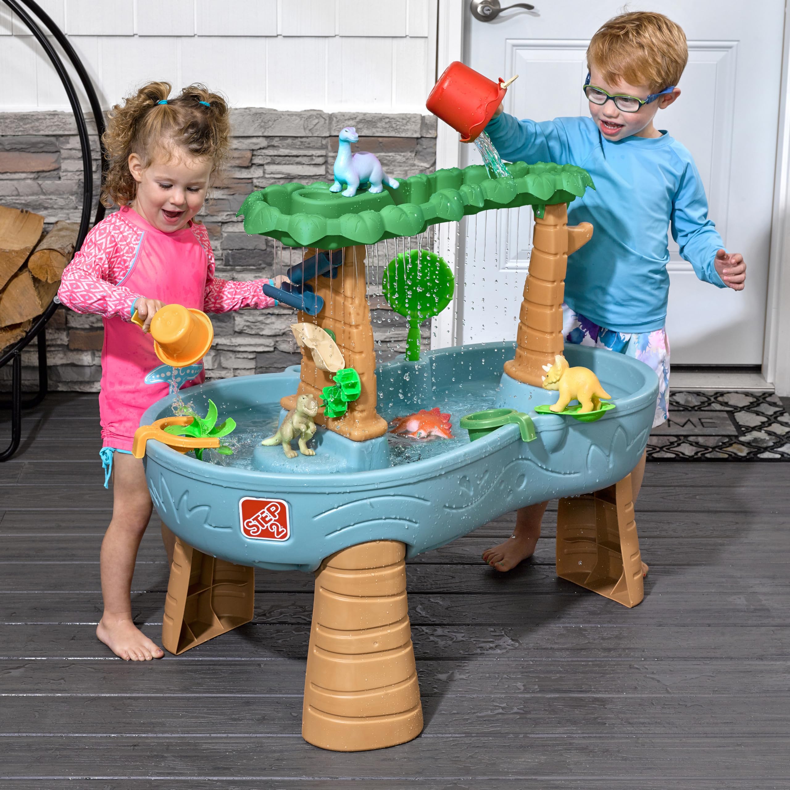 Step2 Dino Showers Mesa de Agua y Arena con 13 Accesorios, Azul y Marron, Juegos de Agua para ninos