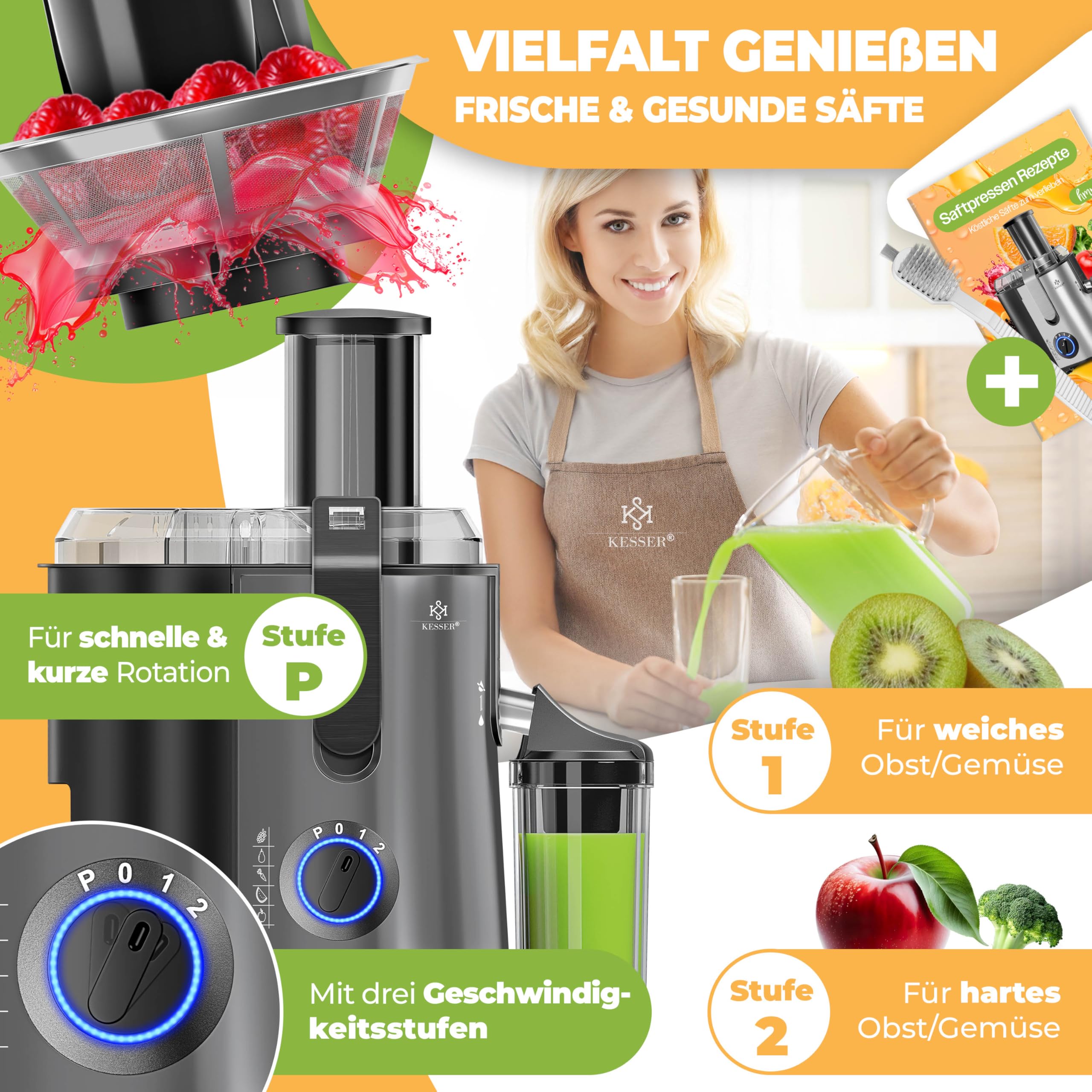 KESSER® Extracteur de Jus Fruits Légumes en Acier Inoxydable 1100W Grand Tube d'alimentation 3 Niveaux Presse-Juices Electrique Presse-Juice + Brosse, Porte-Juis, Livre de Recettes, Anthracite
