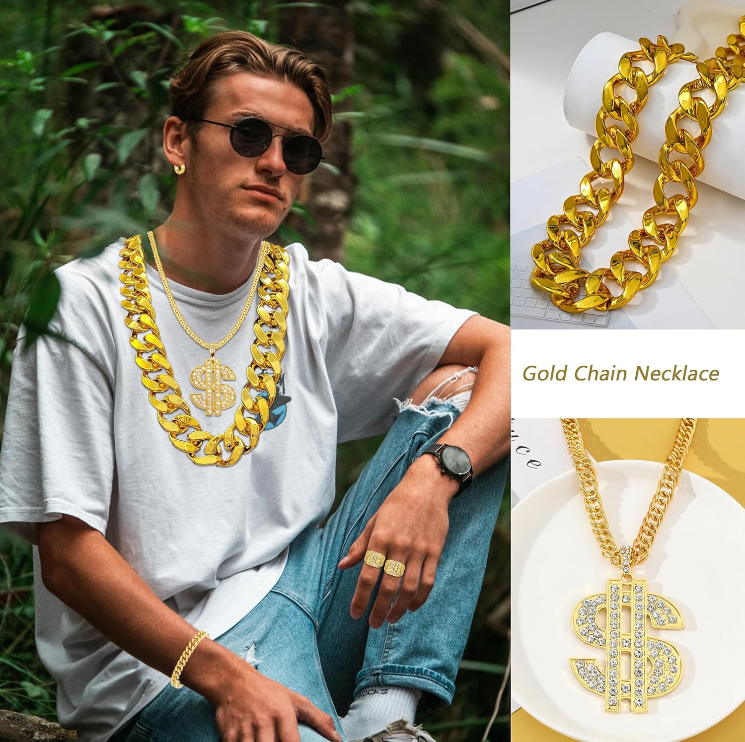 Hip Hop Costume Kit 80s 90s Accessories Outfit for Men Rapper Sunglasses Chain Bracelet Dollar Sign Necklace Ring Kanji Ring Halloween Party Decorations - Image 3
