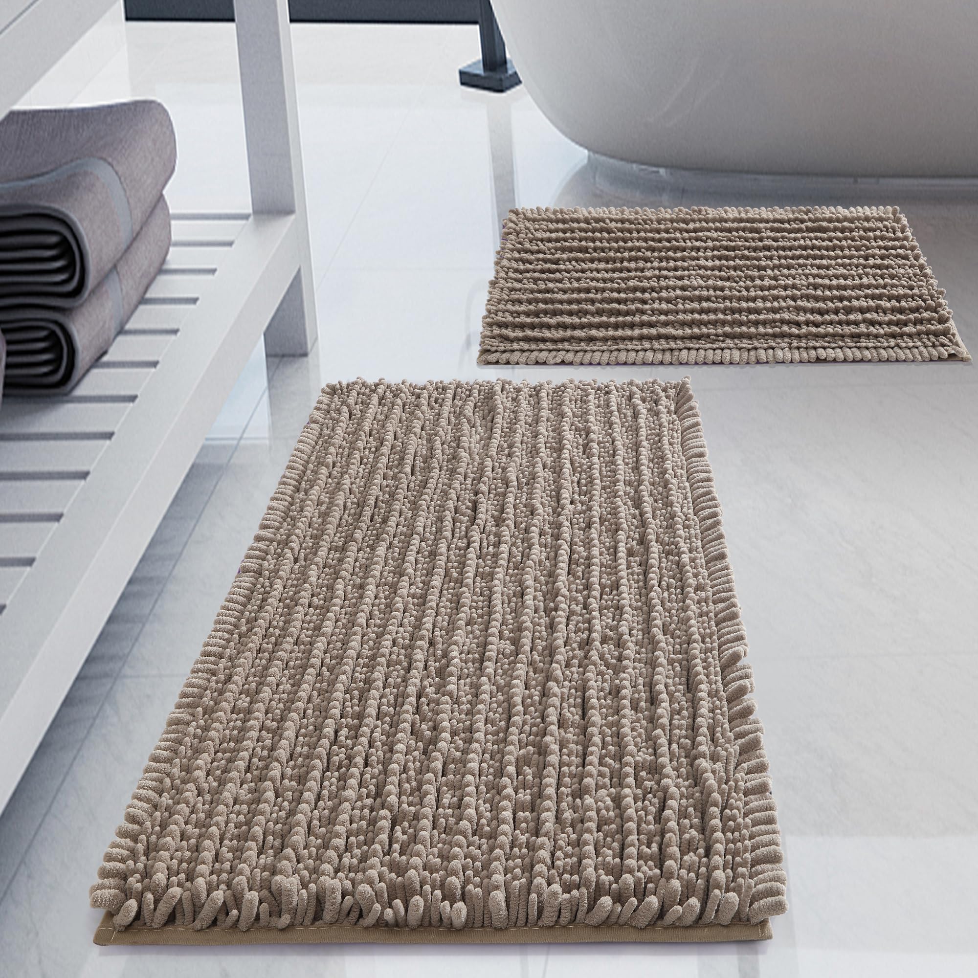 H.VERONNEX Luxury Chenille Taupe Bathroom Rugs Sets 2 Piece, Thickened Hot Melt Rubber Bottom Bath Mats for Bathroom Non Slip,Bath Rugs Quick Dry