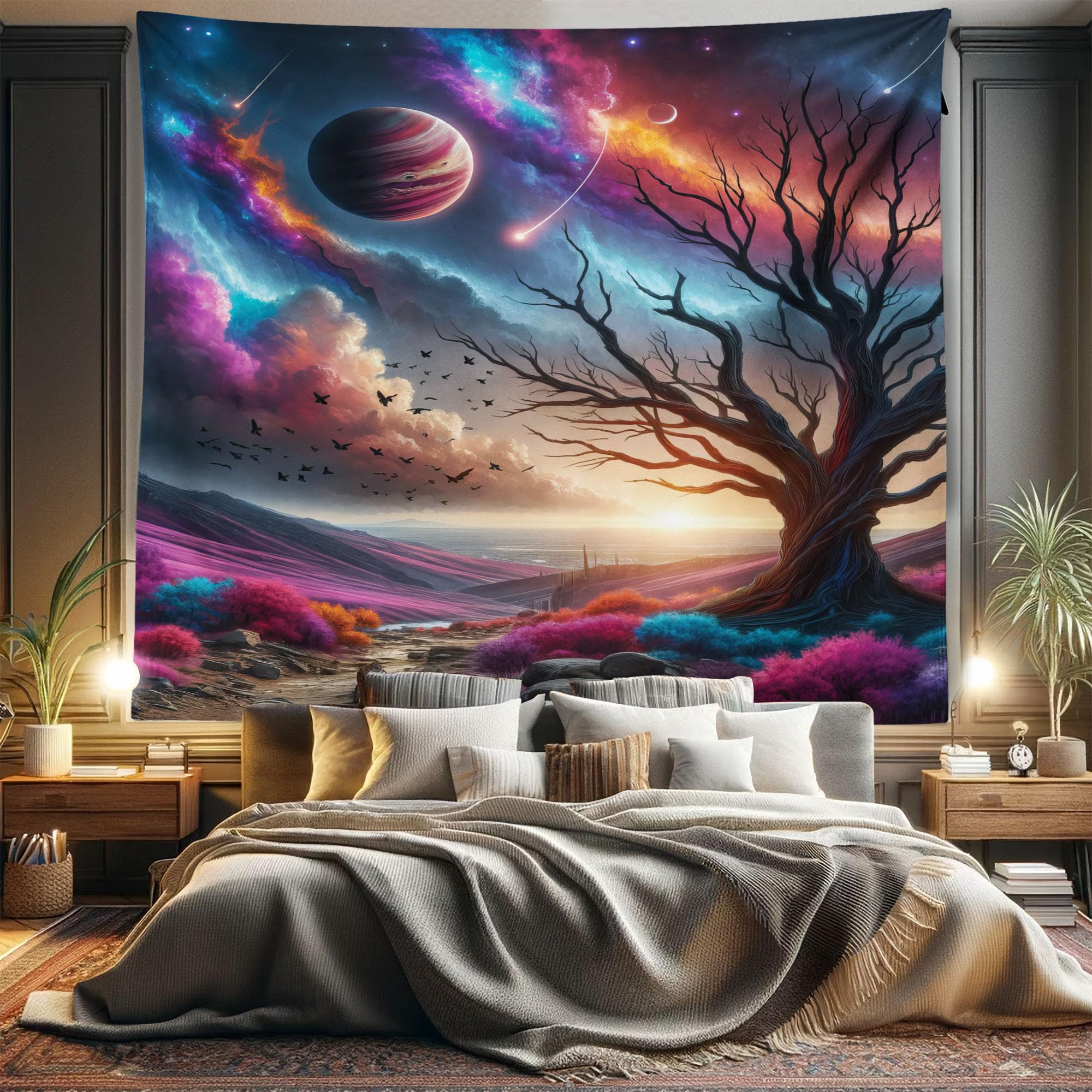 Ambesonne Space Tapestry King Size, Surreal Galactic Landscape with Nebula Sky Dried Tree and Colorful Bushes, Wall Hanging Bedspread Bed Cover Wall Decor, 104" X 88", Fuchsia Blue and Peach