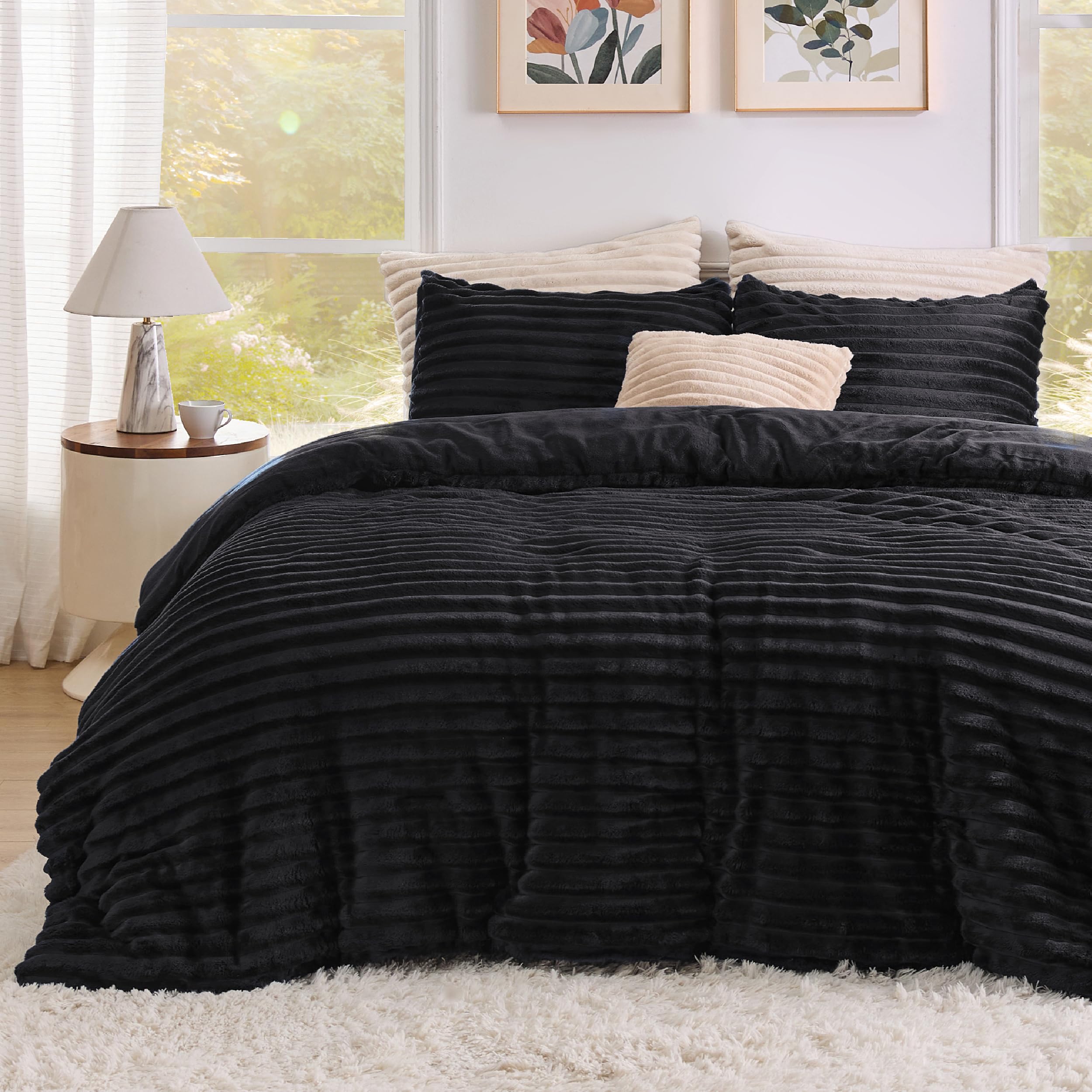 Bedsure Fluffy Comforter Set Queen - Super Soft Faux Fur Bed Set Black, Winter Warm Plush Fleece Bedding, 3 Pieces, 1 Shaggy Fuzzy Queen Size Comforter with 2 Pillowcases