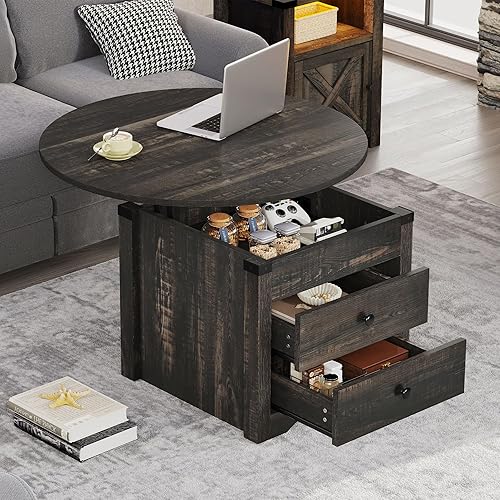 Miniatura 3 de YITAHOME Mesa auxiliar elevable, mesa de centro de granja con compartimento oculto y 2 cajones, mesas de café grises para sala de estar, mesa de