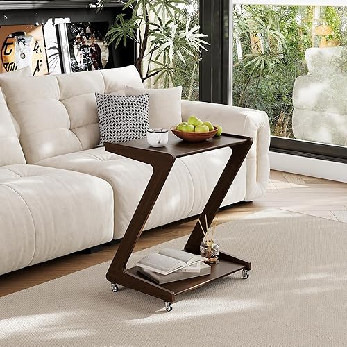 ZIYOO Mesa auxiliar en forma de Z con ruedas, mesa auxiliar de bambú que se desliza debajo del sofácama, mesa móvil de aperitivos para sala de
