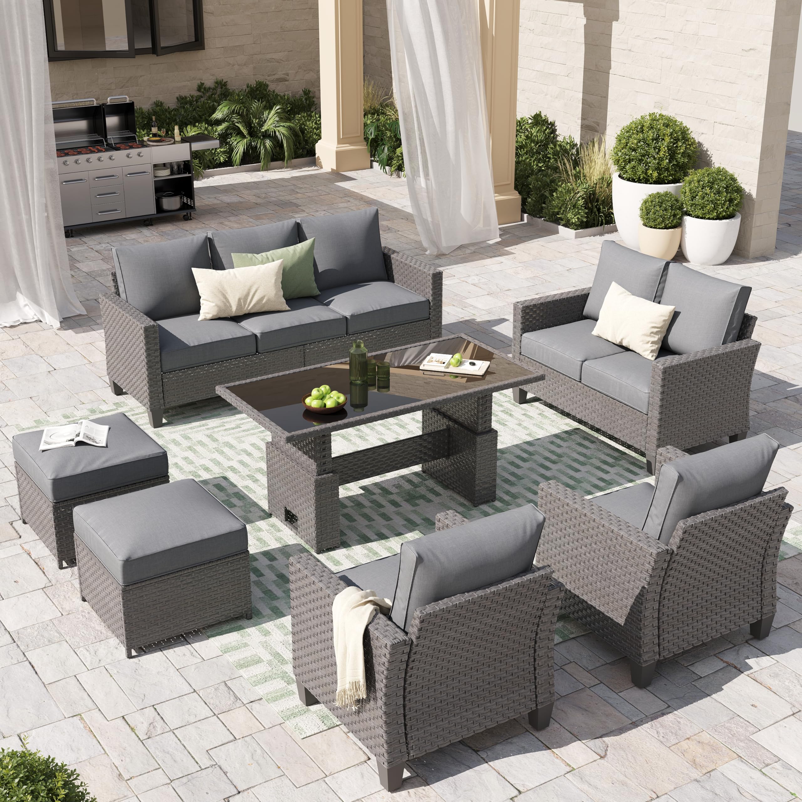 SUNSITT Outdoor Patio Furniture Set 7 Piece Wicker Conversation Set with Lift Coffee Table Sectional Dining Set 3 Seat Sofa Couch with Loveseat