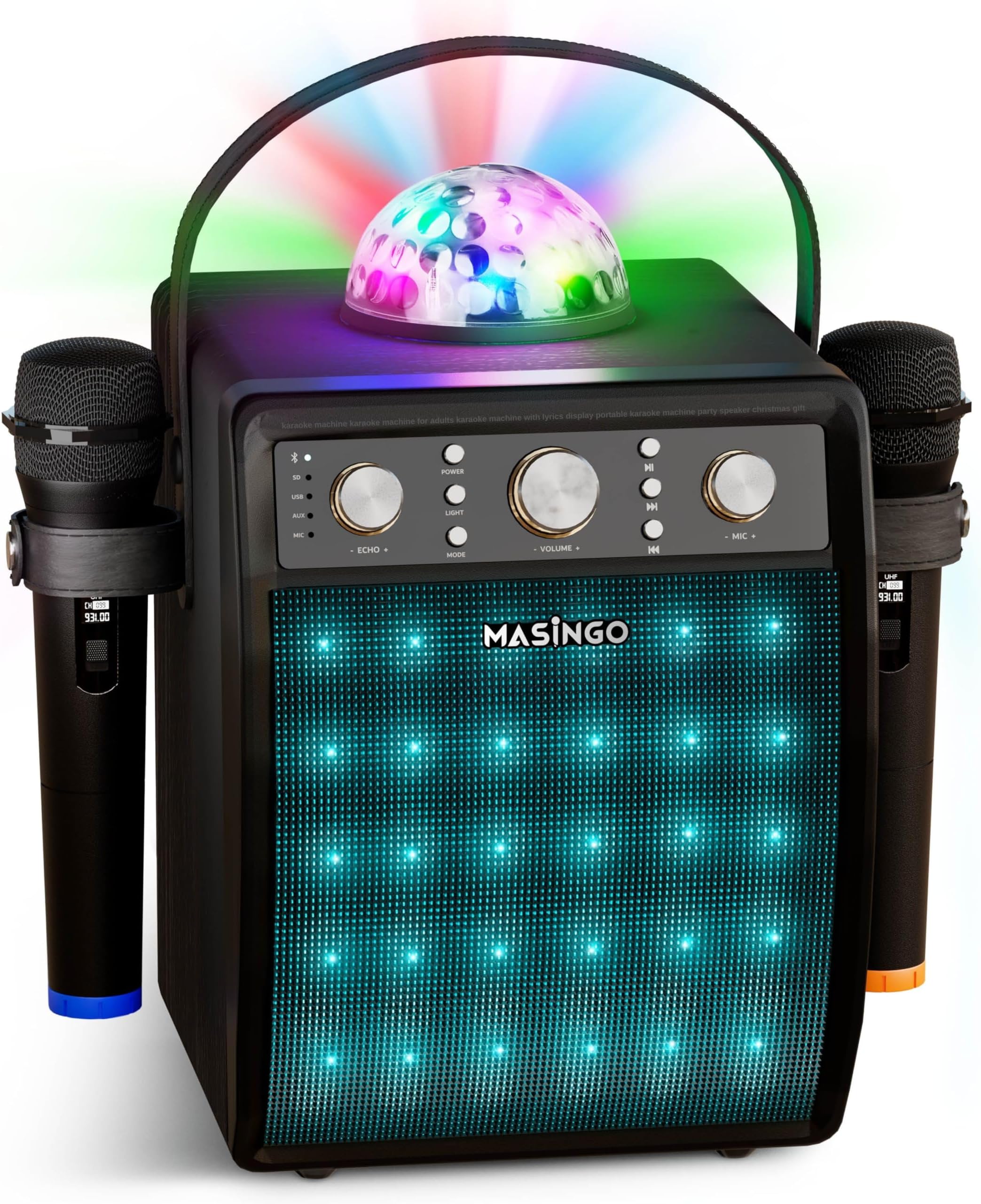 MASINGO Karaoke Machine for Adults and Kids with 2 Wireless Microphones, Portable Singing PA Speaker System Set with Disco Ball Party Lights & TV Cable, Ostinato M7