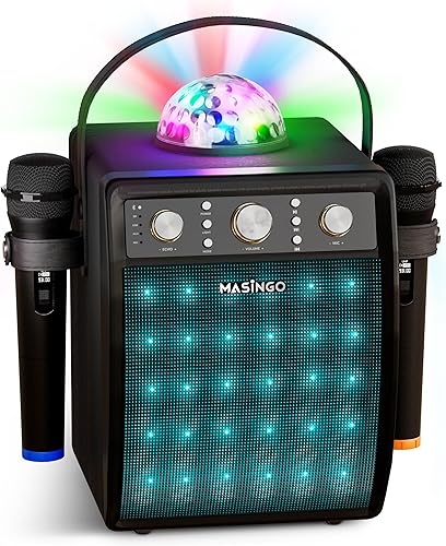 MASINGO Máquina de karaoke para adultos y niños con 2 micrófonos inalámbricos, sistema de altavoces PA portátil para cantar con luces de fiesta de