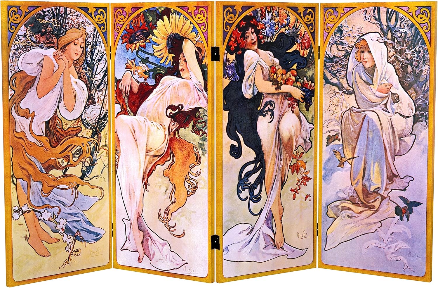 Red Lantern 3 ft. Short Double Sided Four Seasons Canvas Folding Screen 4 Panel Freestanding Partition and Separator for Modern and Contemporary Bedroom, Home Office, Studio, Dorm, Apartment