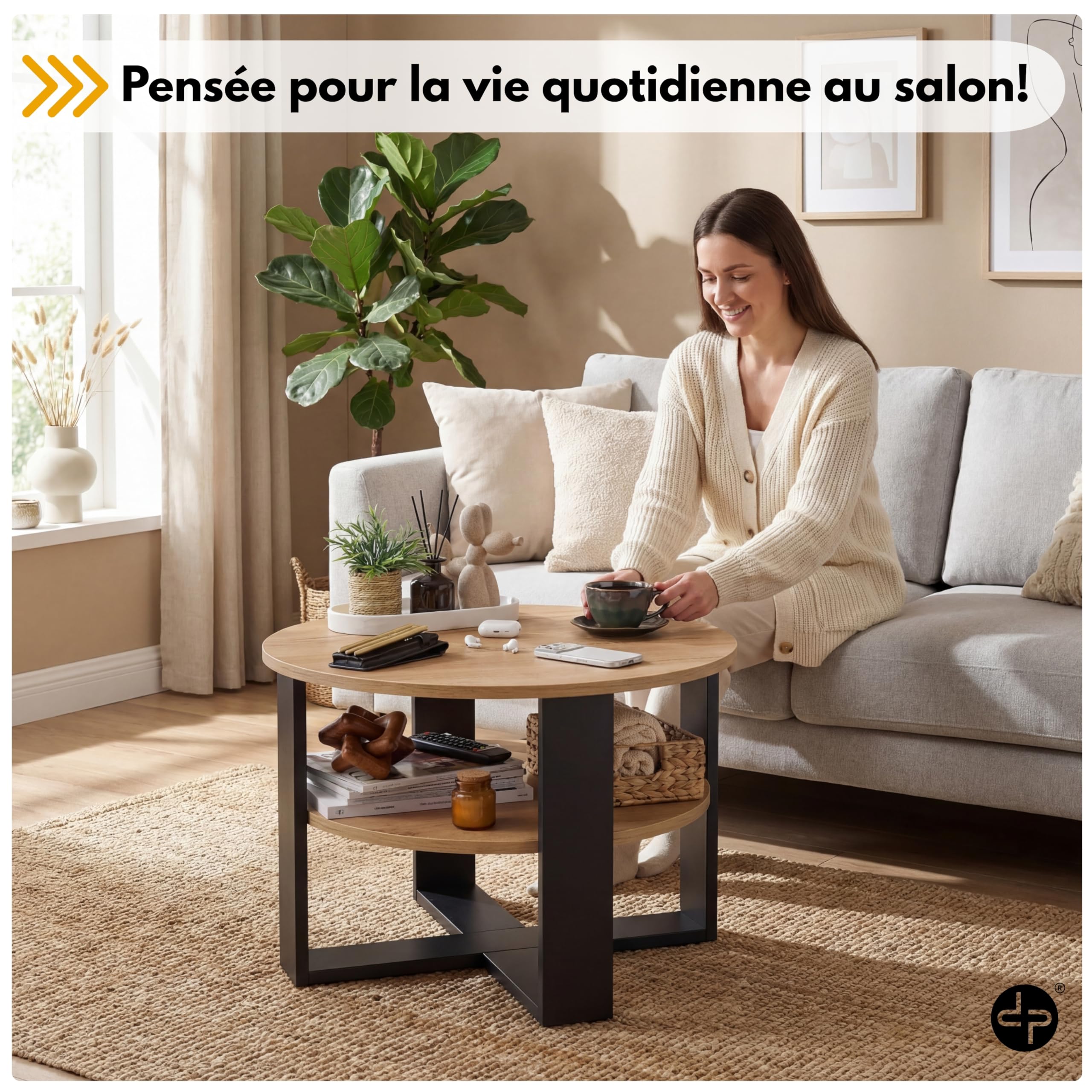 defiPad Table Basse Ronde Ø70 cm – Table d’appoint Bout de canapé avec étagère, 2 Niveaux, Meuble de Salon Moderne, Blanc et chêne, Design Industriel, fabriquée en UE (Noir et Chêne)