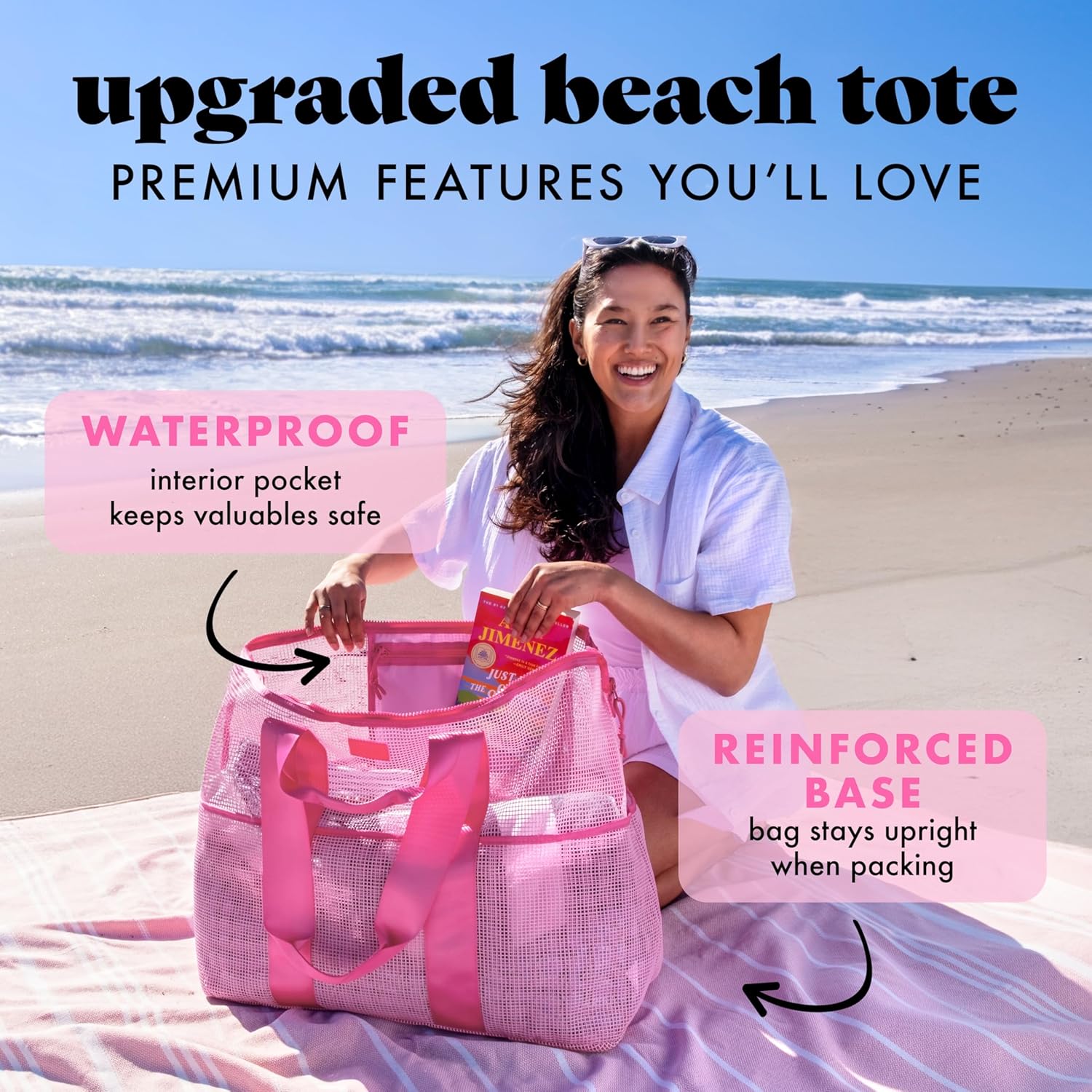 Fit & Fresh The Shore Thing™ Marine Grade Mesh Beach Bag with Pockets - Waterproof Sandproof Tote Bag, Lightweight Foldable Tote Bag, XL Travel Bag, Beach Vacation Essentials, Flamingo Pink - Image 5