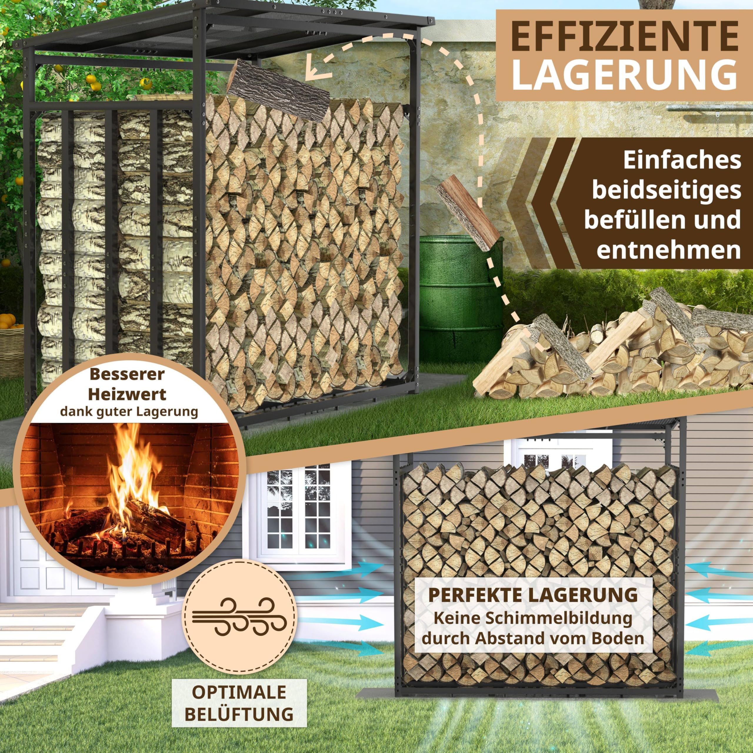 Scaffale per legna da ardere esterno in metallo con tetto 185 x 105 x 185cm 50 kg 3,5 t zincato supporto impilabile per legna da ardere legno Scaffale da giardino log