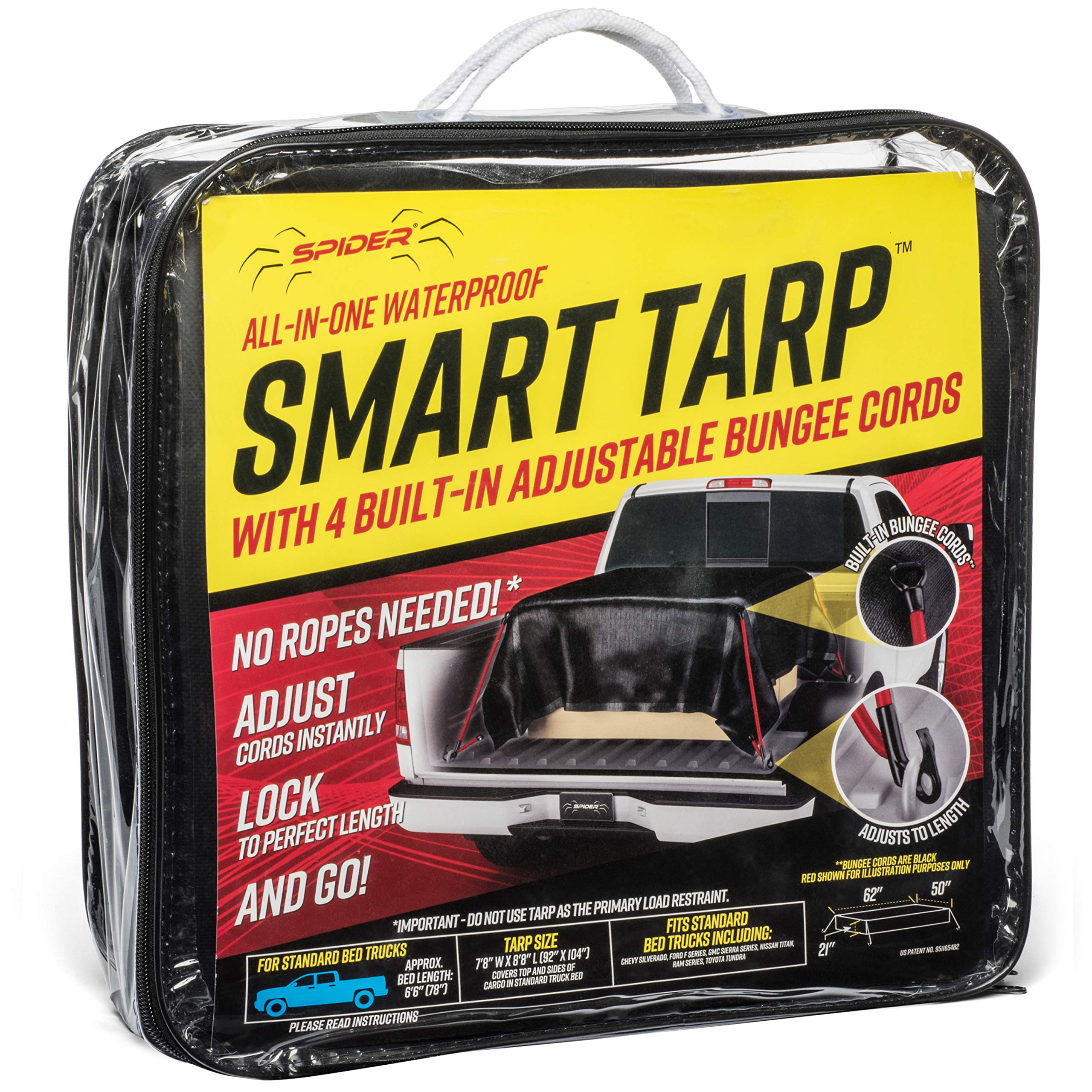 Amazon Com Spider Smart Tarp 7 8 X 8 8 Waterproof Heavy Duty Truck Tarp Bed Cover With 4 Built In Attached Adjustable Bungee Cords Cargo Net Alternative For Standard Bed Trucks Automotive