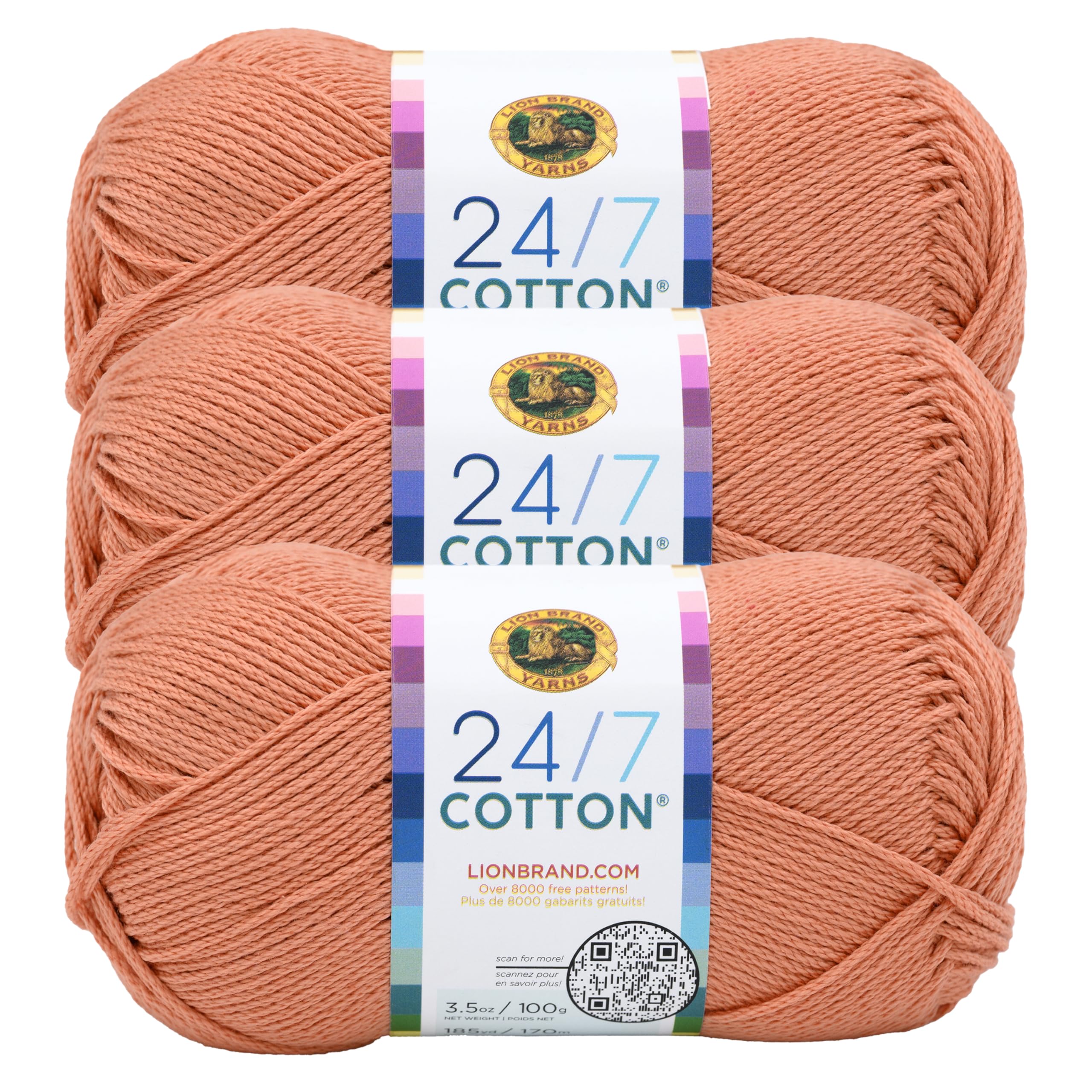 Lion Brand Yarn, 24/7 Cotton Yarn, Papaya, Orange, 3 Pack