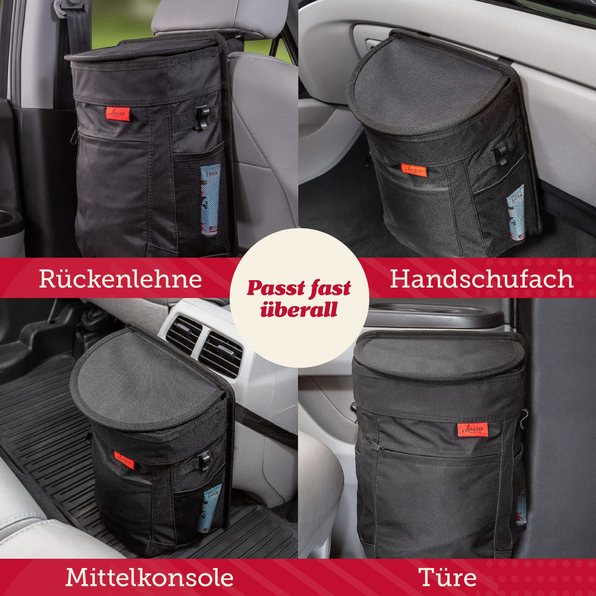 Lusso Gear Auslaufsicherer Automülleimer | 9,5 Liter Mülleimer Auto zum Aufhängen - Herausnehmbarer Innenbehälter - Aufbewahrungsfächer | Hält Auto LKW Minivan & SUV Sauber und Geruchsfrei (Schwarz)