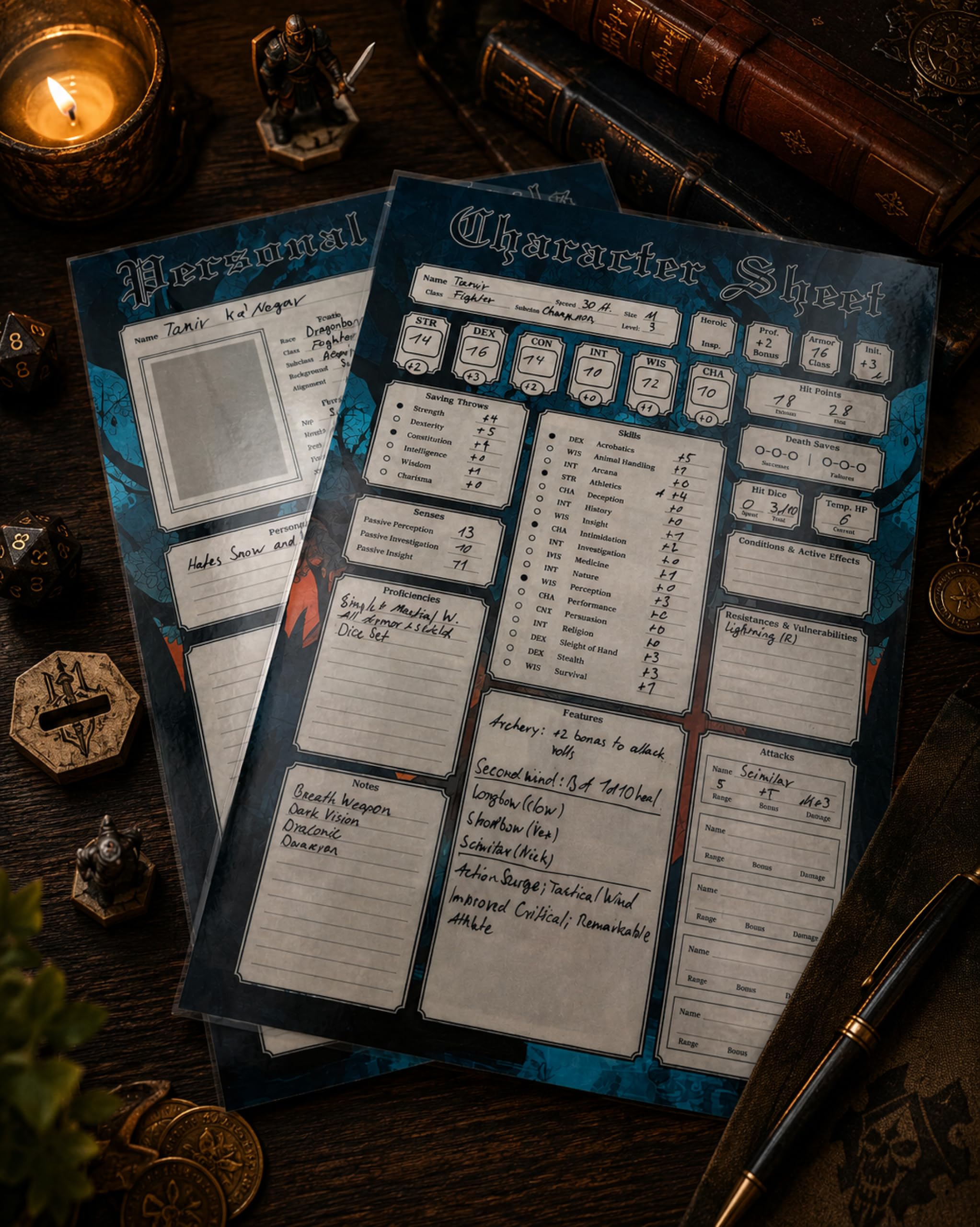 Wiederverwendbarer RPG Charakterbogen – 2 laminierte A4 Character Sheets (4 Seiten), Wet-Erase-Stift inklusive, kompatibel mit D&D 5E & DND 2024 (5.5E)