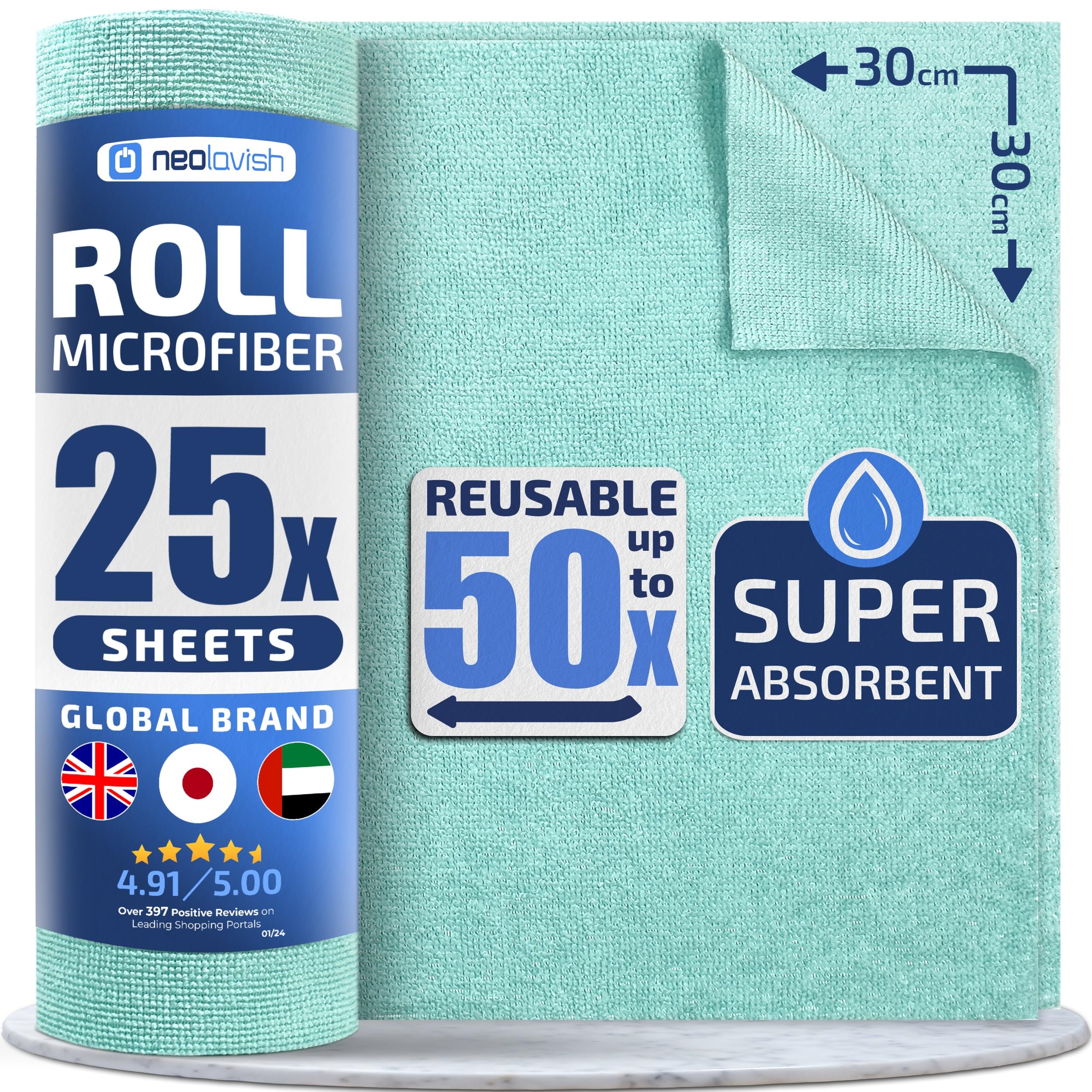 Neolavish® Microfiber Cleaning Cloth Roll – Reusable Kitchen Towel Alternative | 25 Tear-Away Sheets, 30x30cm, Blue 25 pcs Blue