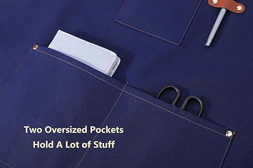 Miniatura 8 de AFUN Delantales de chef para mujeres y hombres con bolsillos grandes, delantal de trabajo repelente al agua de lona de algodón, talla M a XXL (azul