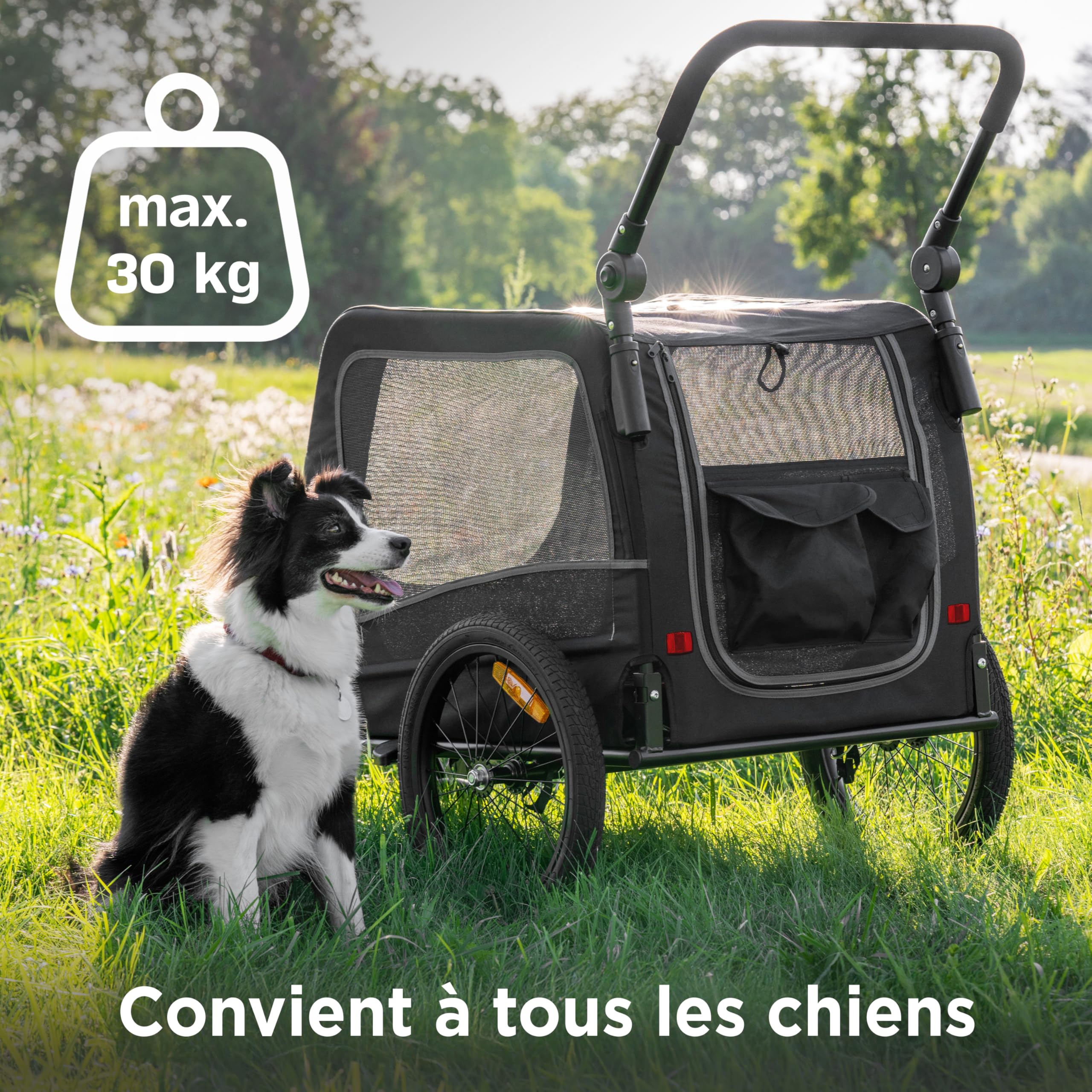Remorque Vélo Chien 2-en-1 – Poussette et Chariot Pliable avec Coussin – Carriole étanche Jusqu’à 30 kg – Compatible avec vélos électriques – Noir