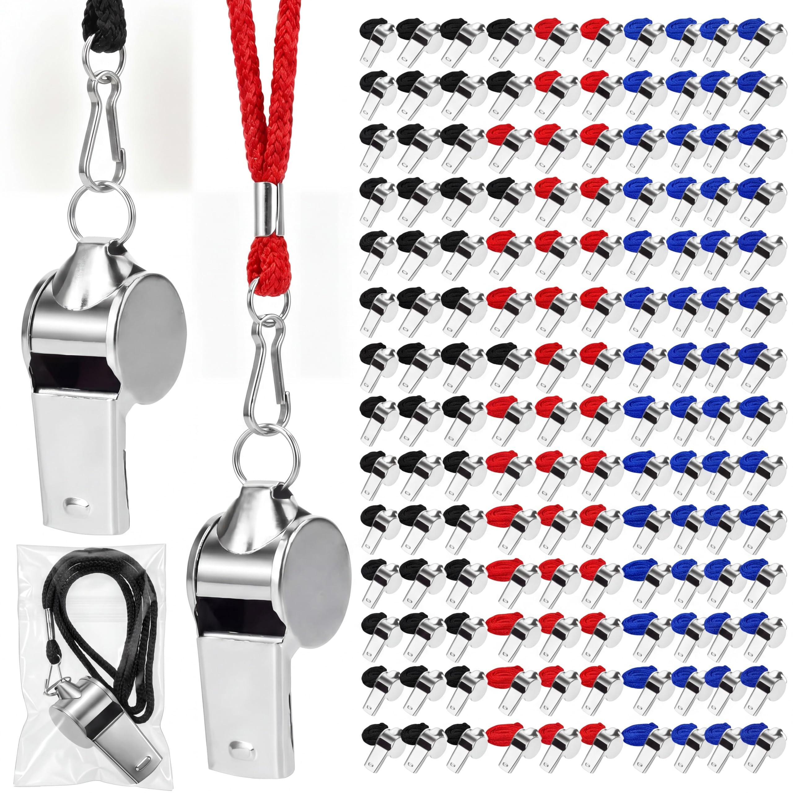 Kingdder 100 silbatos de árbitro de metal a granel para entrenadores para adultos con cordón de acero inoxidable, silbato deportivo de emergencia para profesores, policías, deportes escolares (negro,