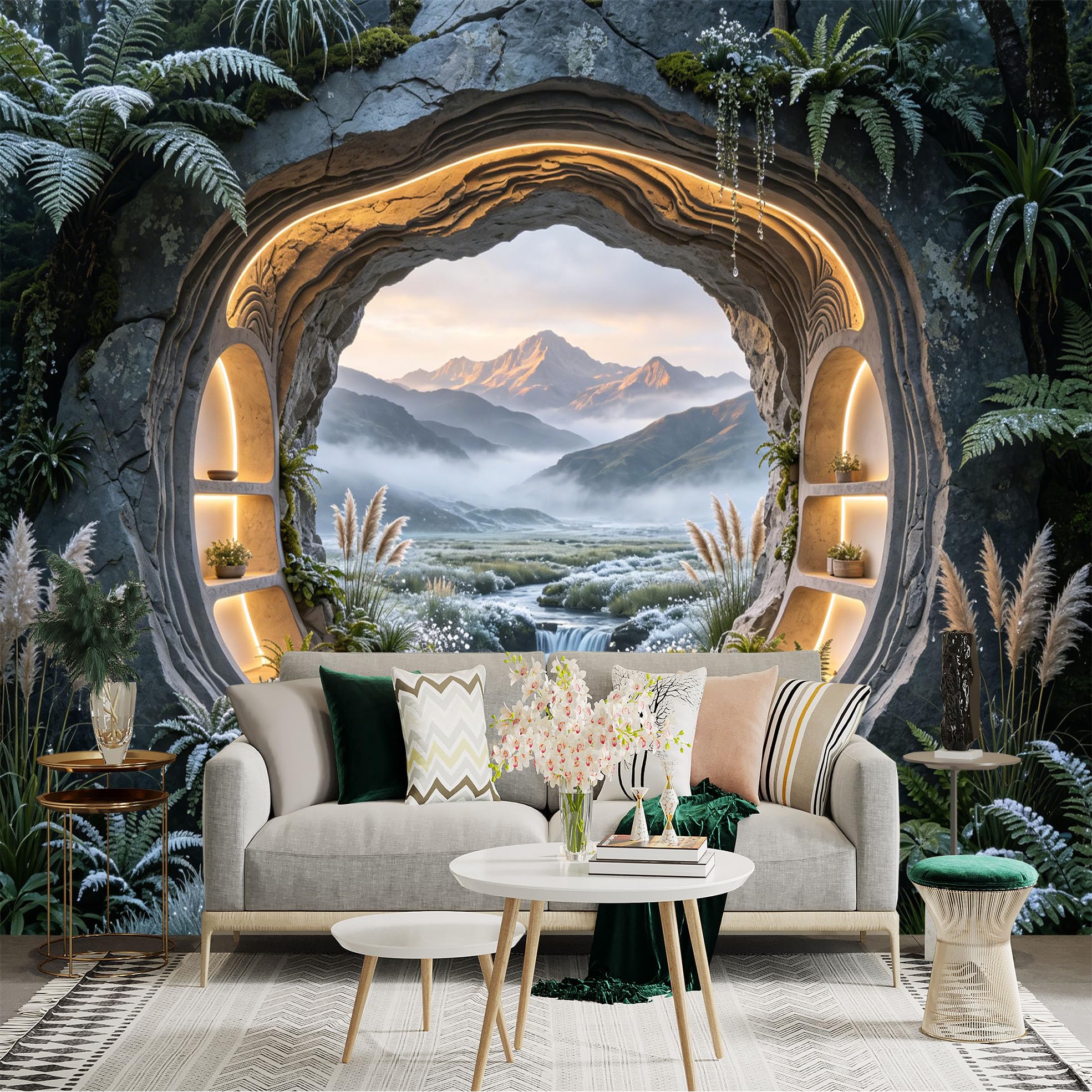 Custom Size Wall Sticker Mural， Mountain View Through Stone Arch with Waterfall and Misty Valley， for wall Decoration， peelandstick wall Decals.