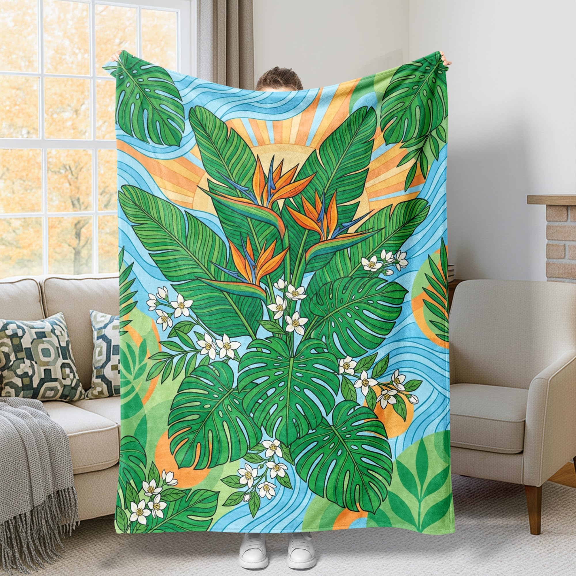 Jeté en flanelle vert d'été pour cocooning sur canapé du salon et sieste au bureau