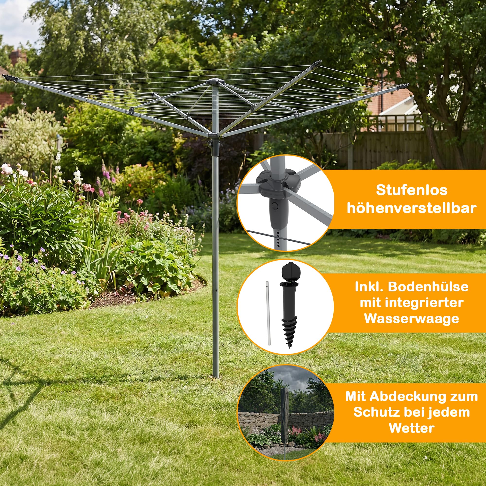 Wäschespinne 50 m mit Schutzhülle & Bodenhülse, Aluminium Wäscheständer bis 50 kg, höhenverstellbar, Wäschetrockner Garten