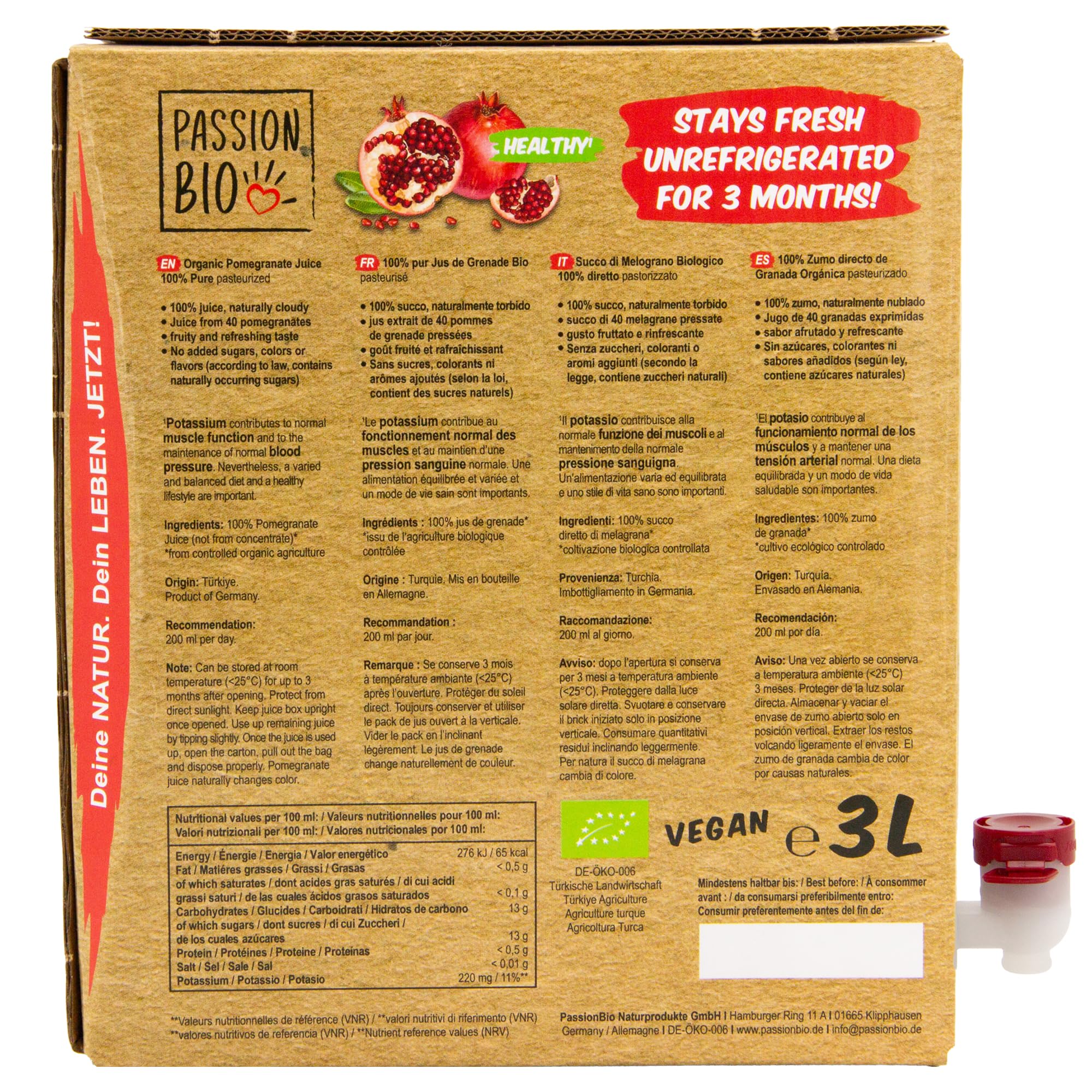 Bio Granatapfelsaft, 3 Liter, naturtrüb – 100% Bio Granatapfel Direktsaft aus 40 Granatäpfeln – fruchtig, erfrischender Geschmack – kein zugesetzter Zucker (lt. Gesetz) enthält von Natur aus Zucker