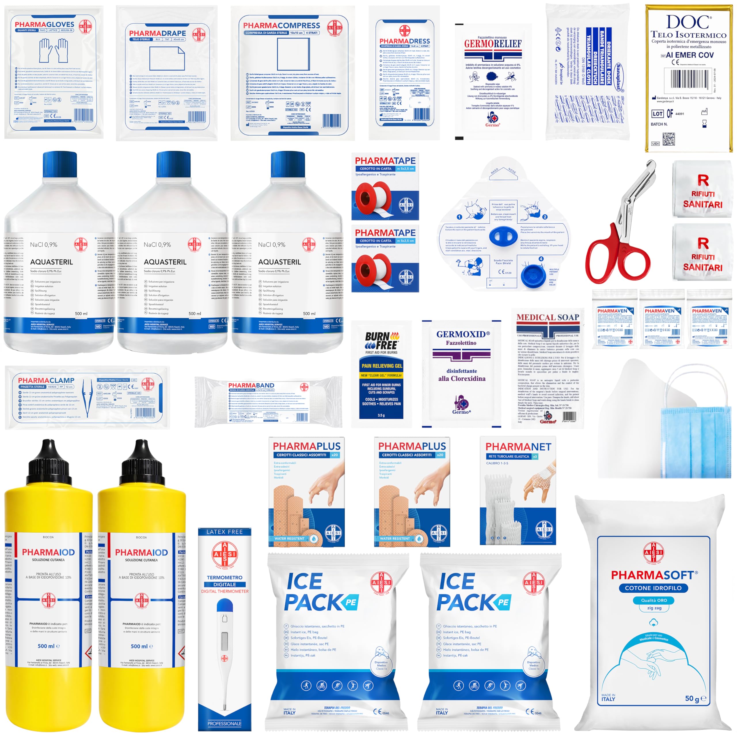 AIESI® kit di reintegro ALLEGATO 1 MAGGIORATO pacco medicazione per cassetta di pronto soccorso aziende più 3 dipendenti, Conforme DM388/DL81, Made in Italy