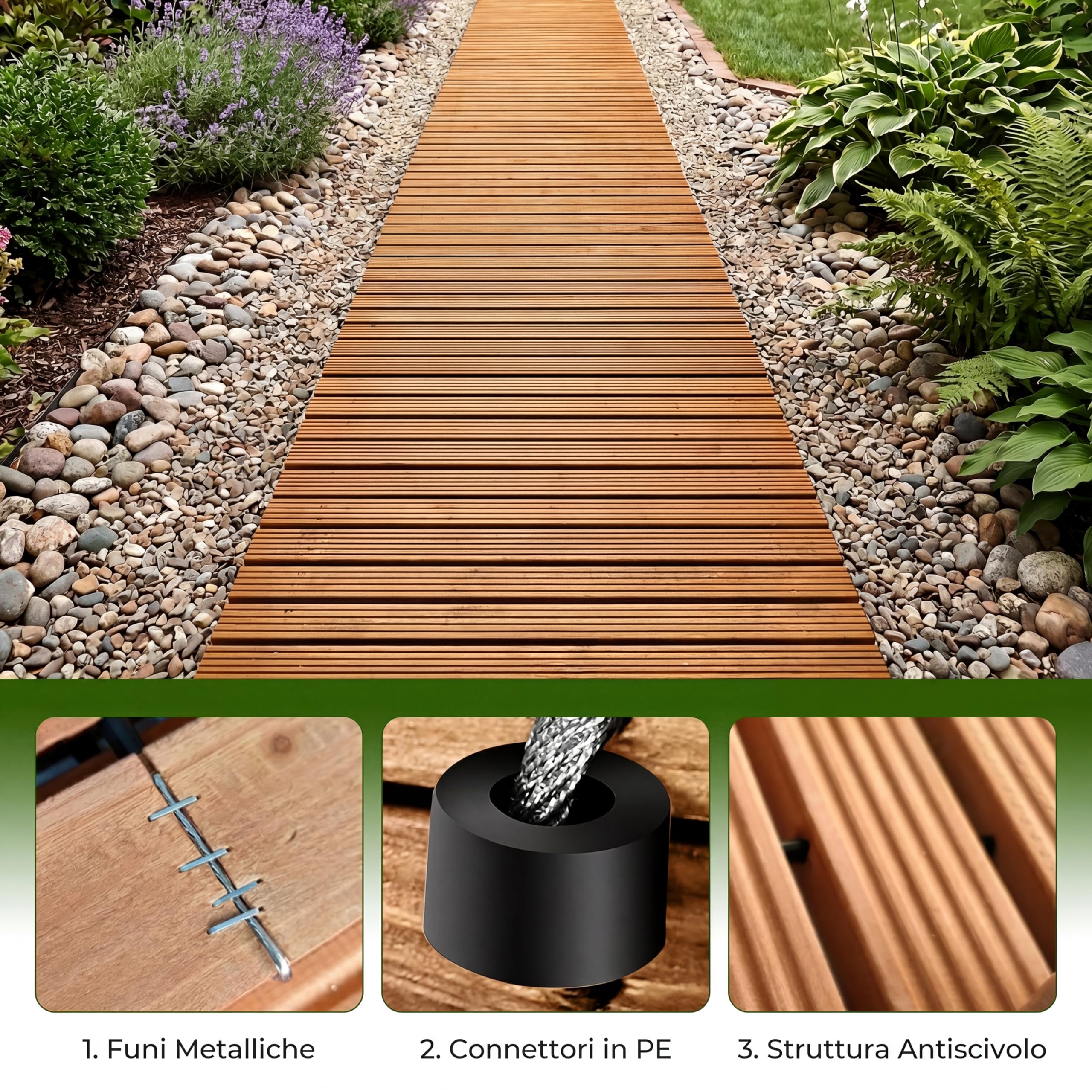 COSTWAY Sentiero da Giardino in Legno, Passerella Decorativa da Esterno, Superficie Antiscivolo, Collegamento con Fili Metallici, Sentiero Arrotolabile per Cortile e Spiaggia, 367 x 55 cm (Naturale)